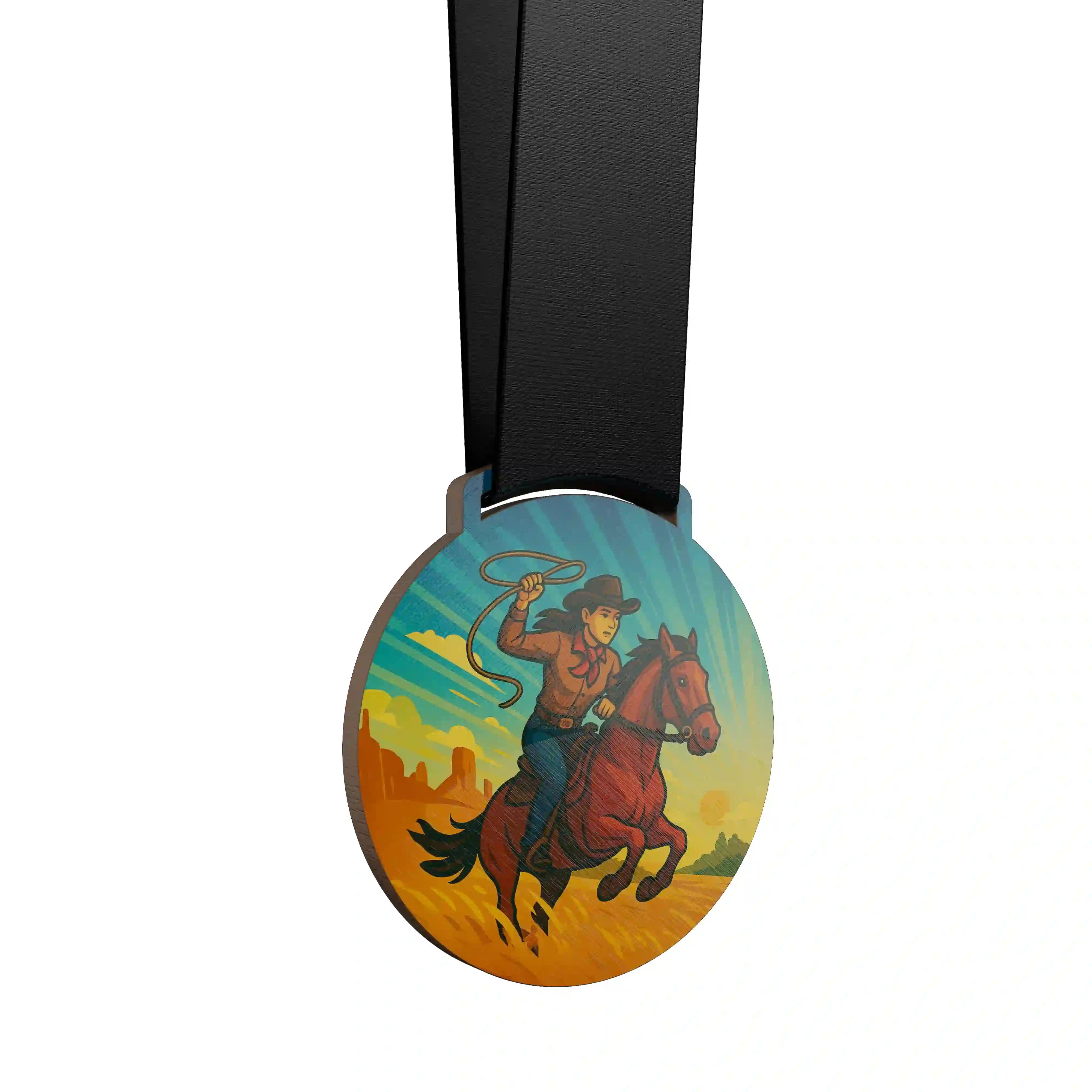 Cavalière western en pleine action, lançant un lasso à cheval.
