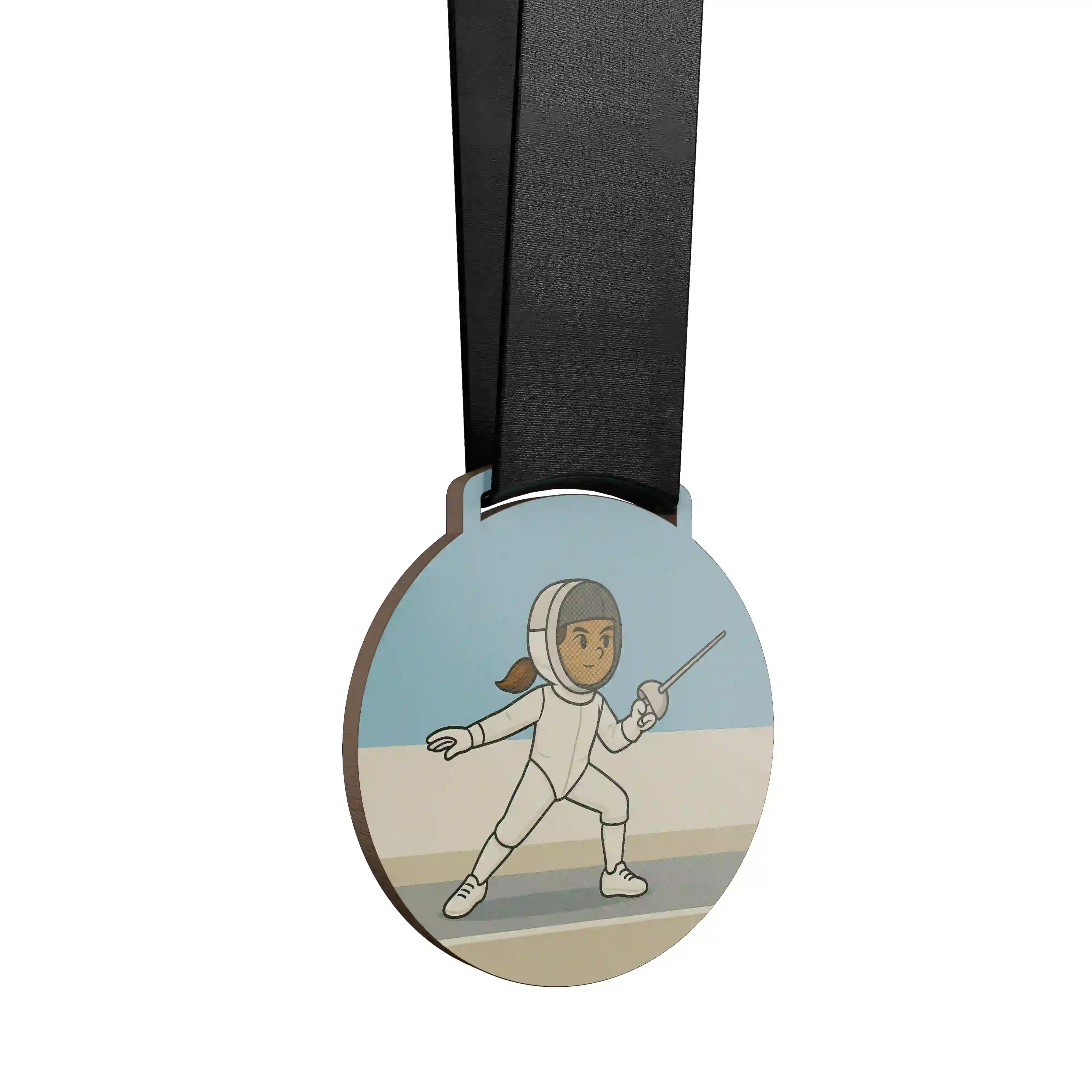 Jeune fille en tenue d’escrime, en garde avec son fleuret.