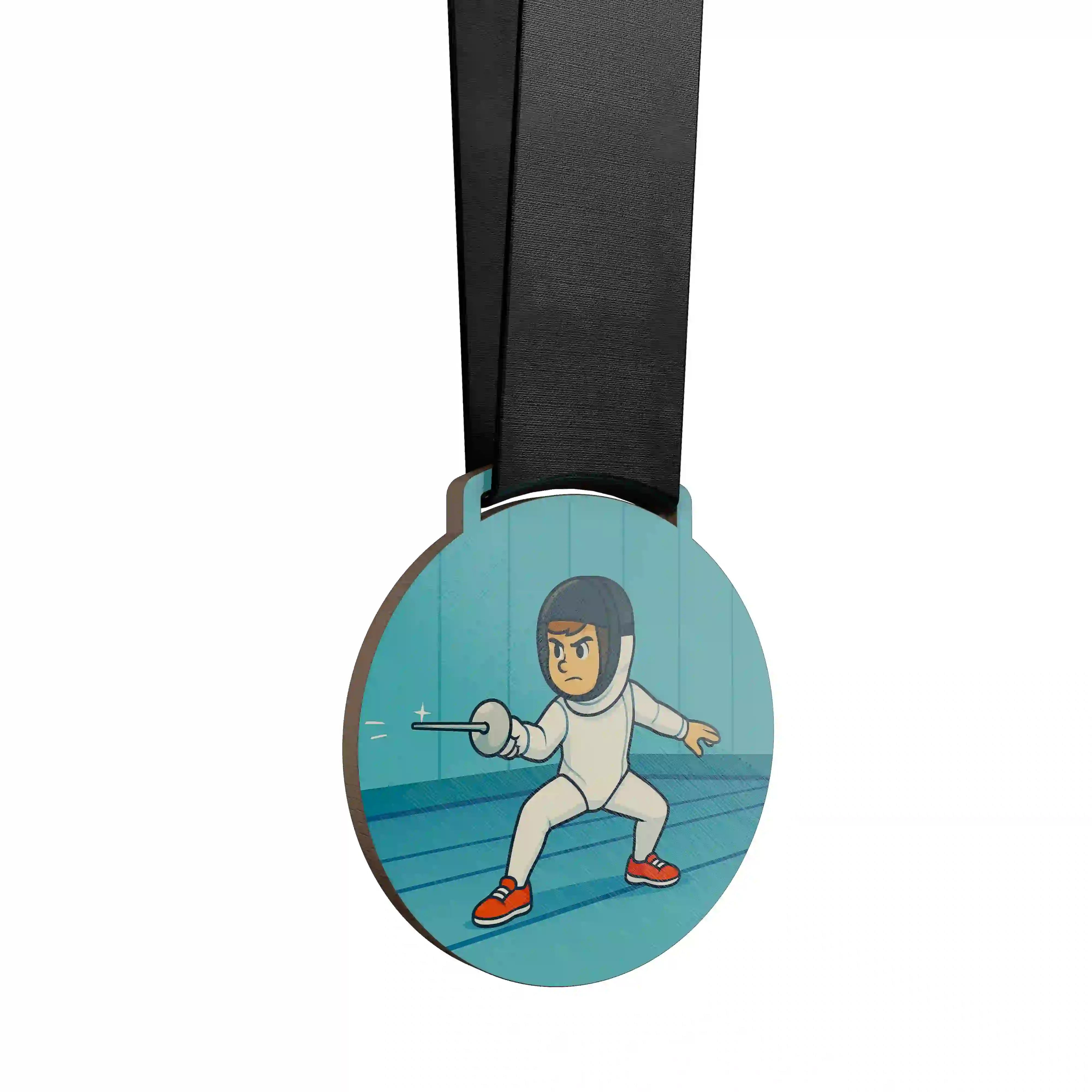 Jeune garçon concentré, en position d’attaque avec son fleuret.
