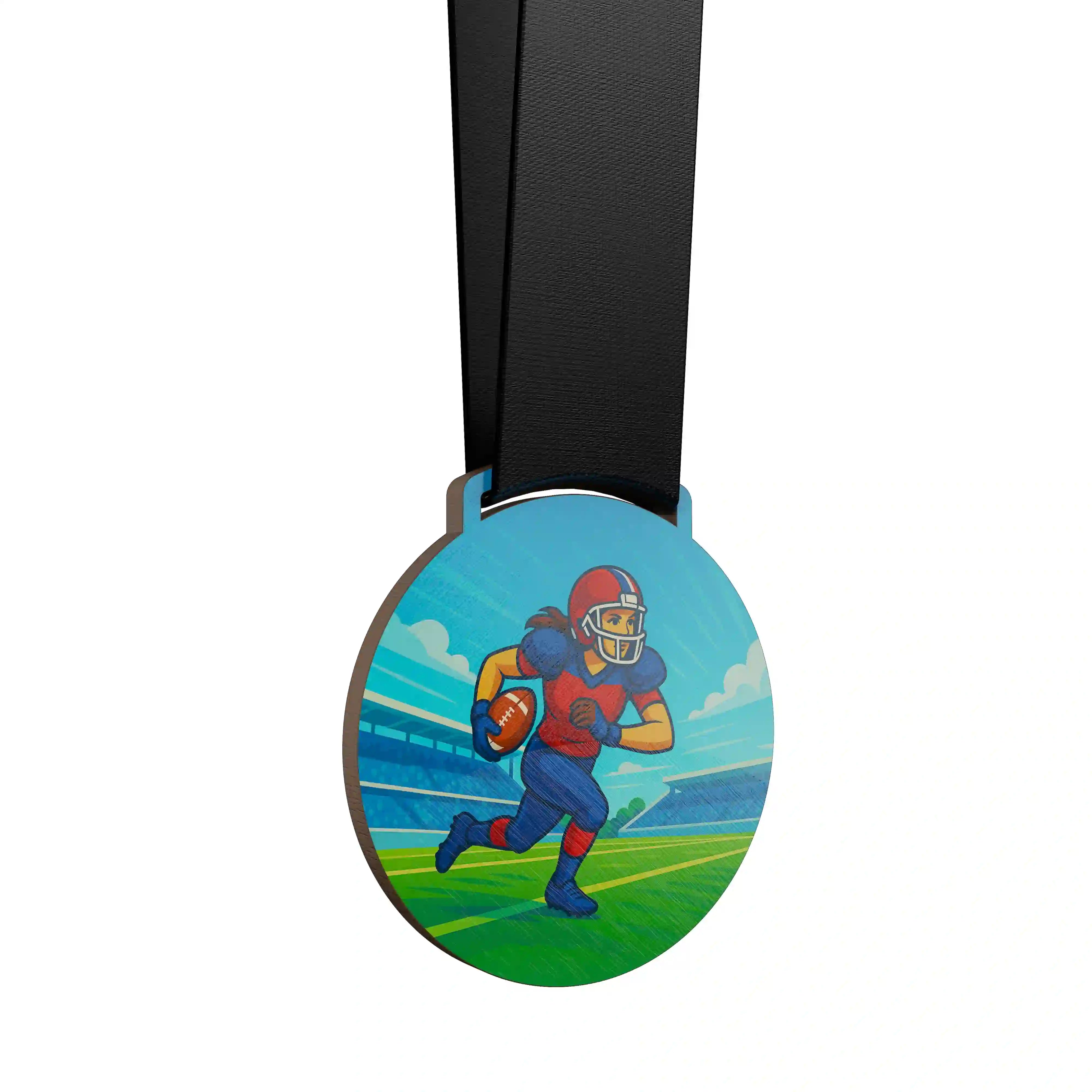 Joueur de football américain féminin courant avec le ballon.
