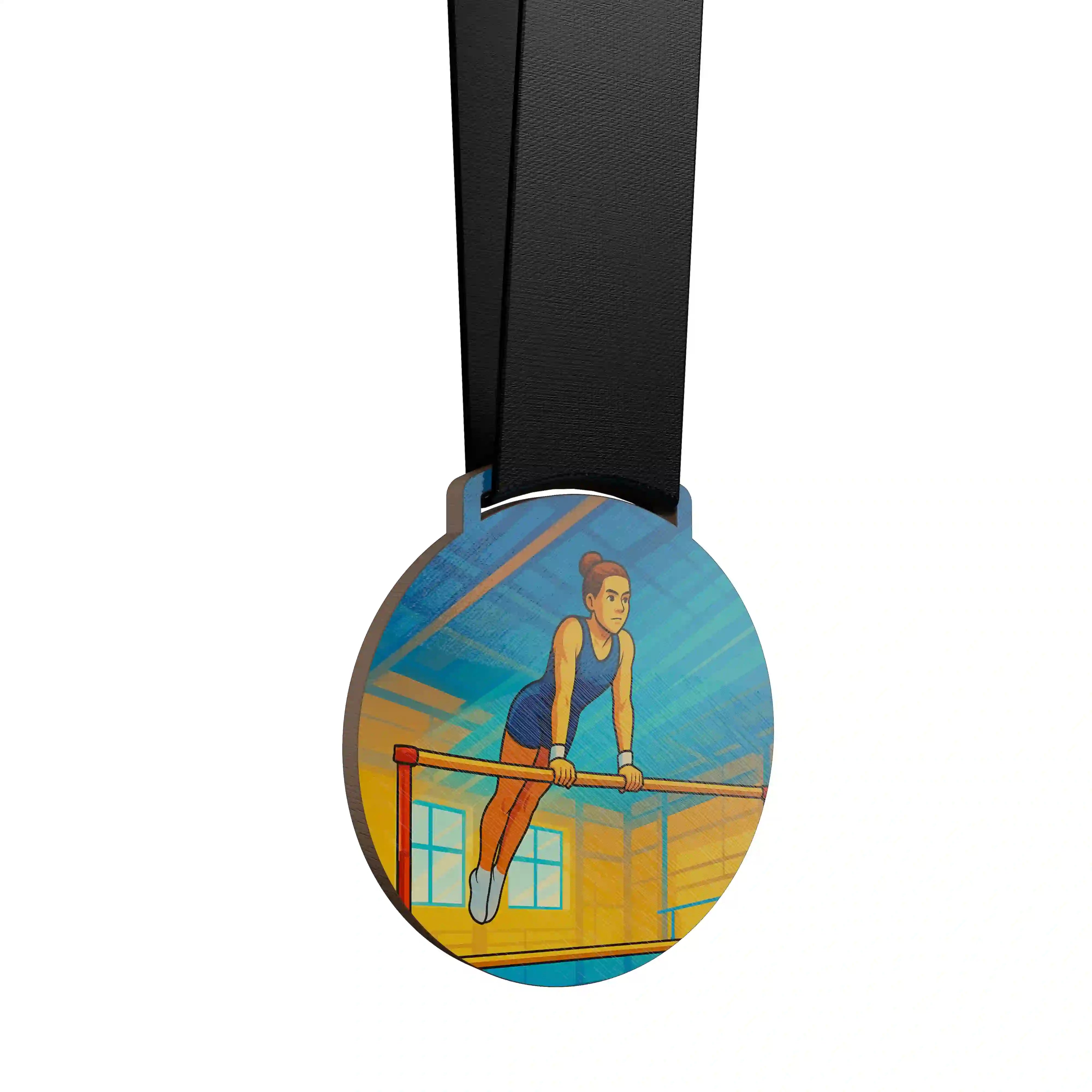 Femme pratiquant la gymnastique aux barres parallèles.
