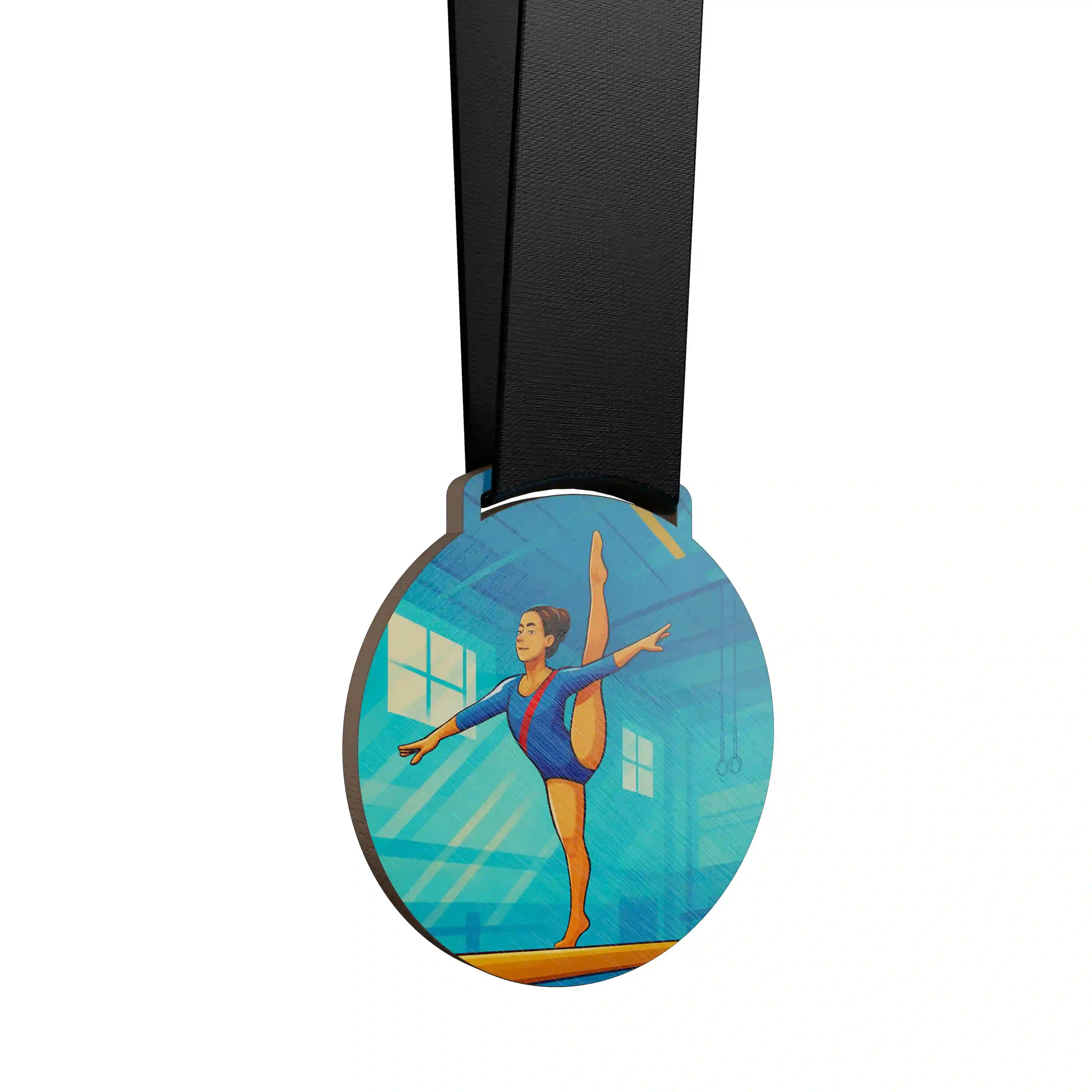 Femme réalisant une figure de gymnastique artistique sur la poutre.