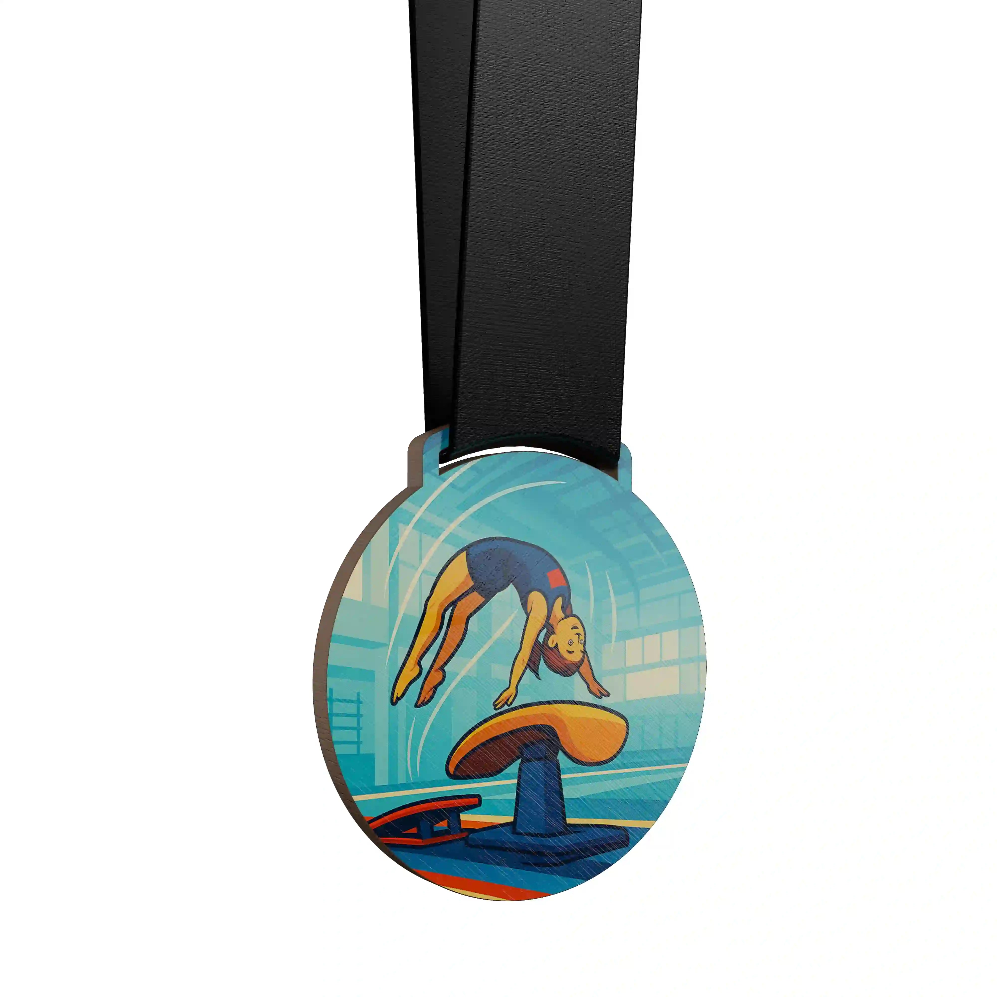 Jeune gymnaste effectuant un saut de cheval.