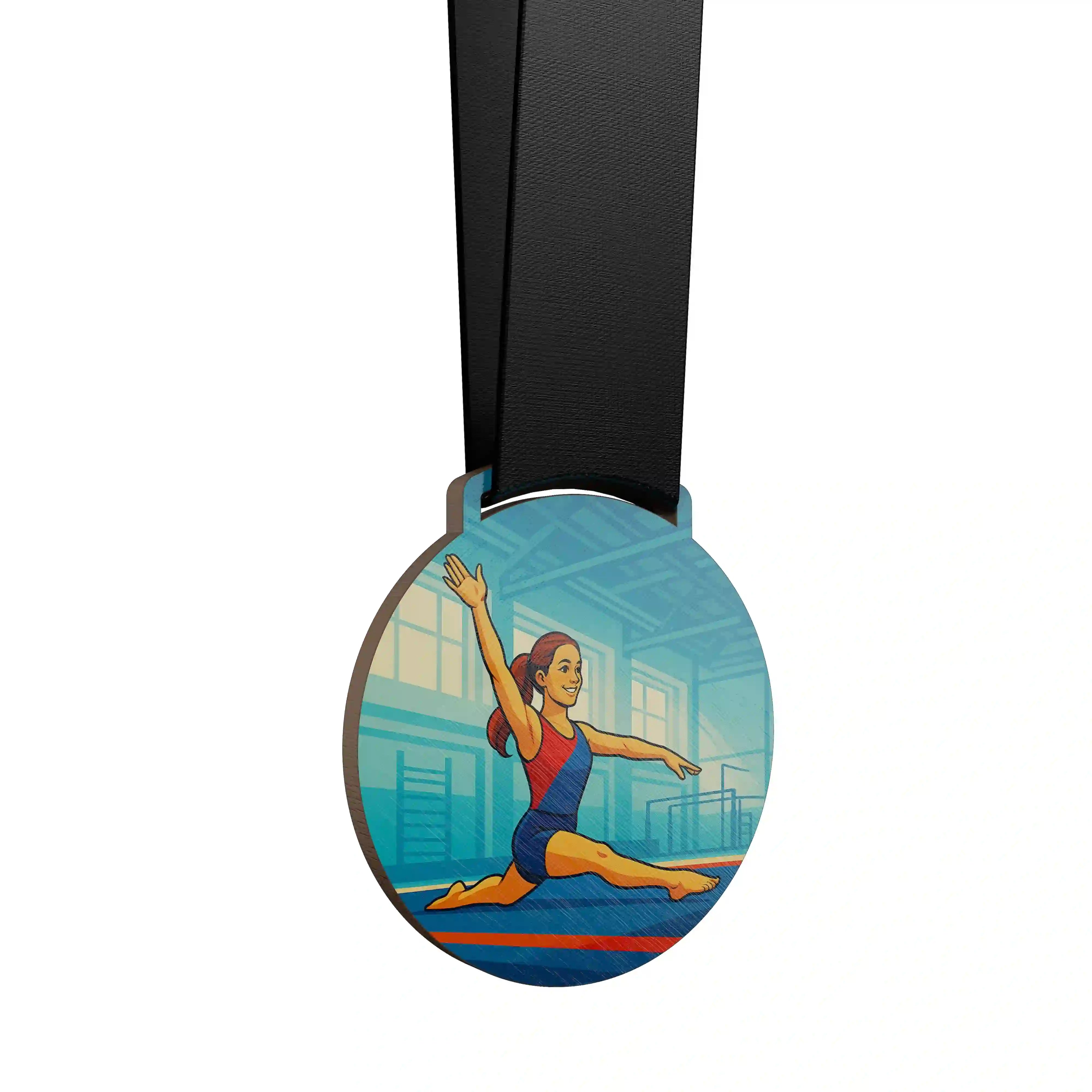 Jeune gymnaste en pleine fente sur un tapis de sol.
