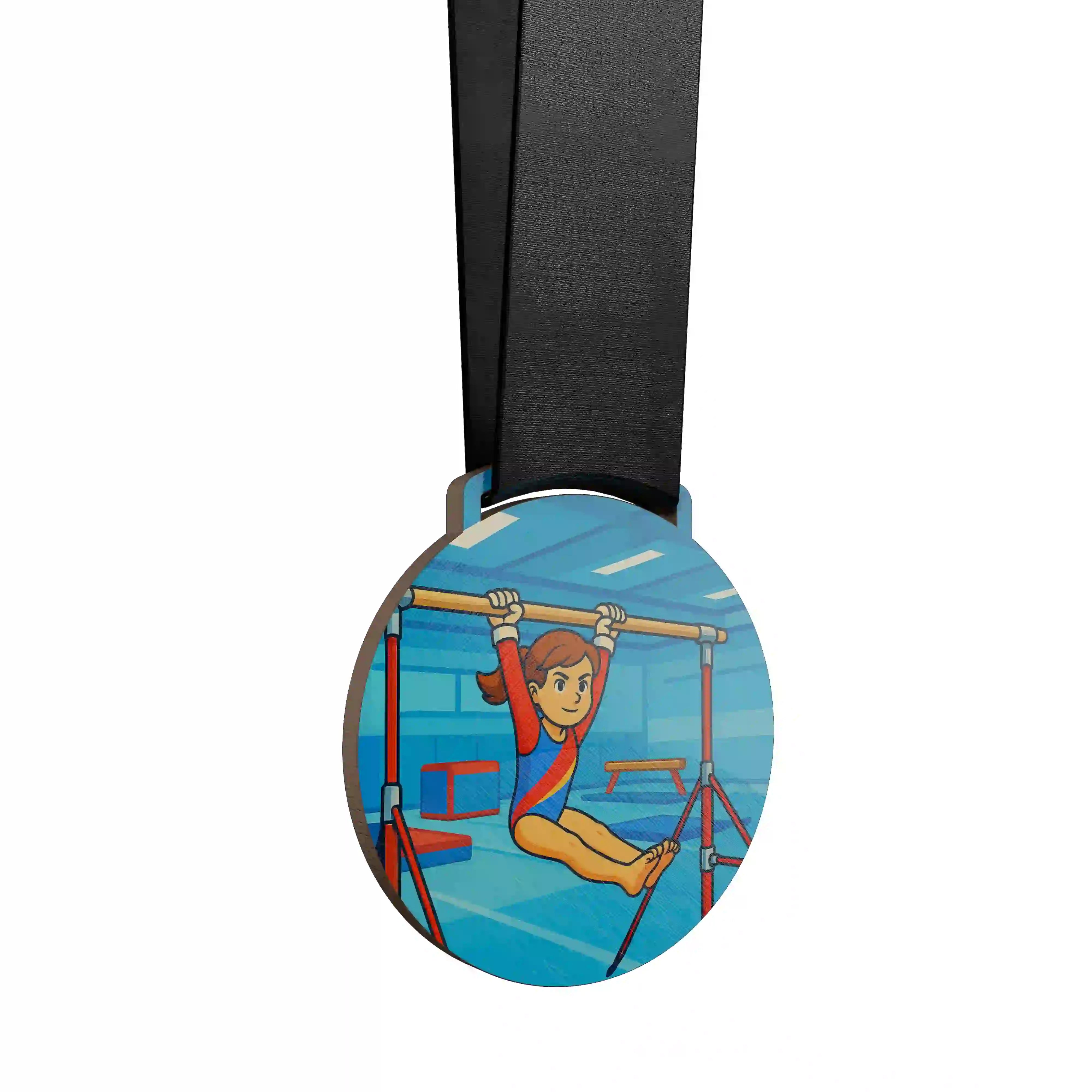 Petite fille en gymnastique artistique, suspendue à une barre fixe.
