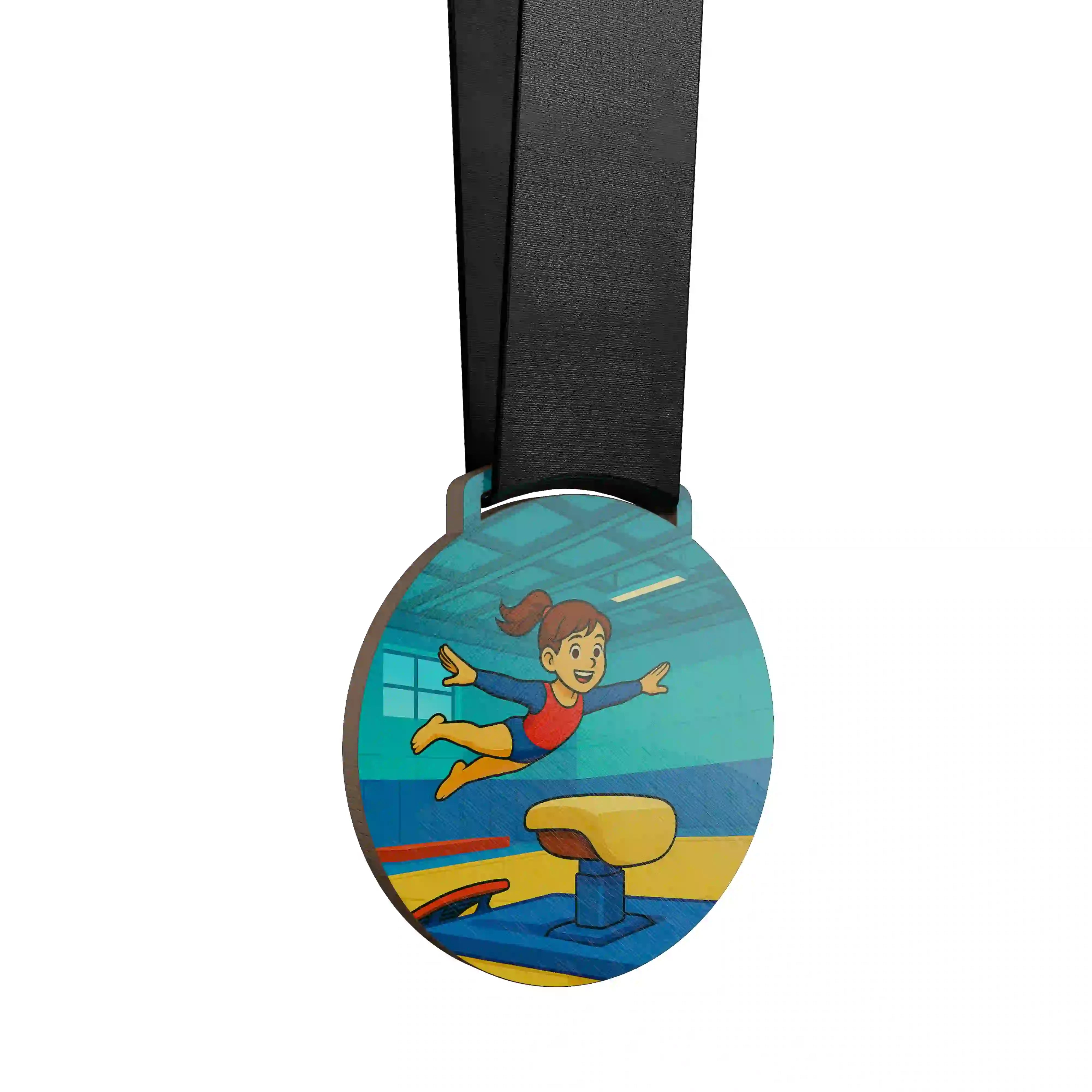 Petite fille en gymnastique artistique, réalisant un saut de cheval avec élan.
