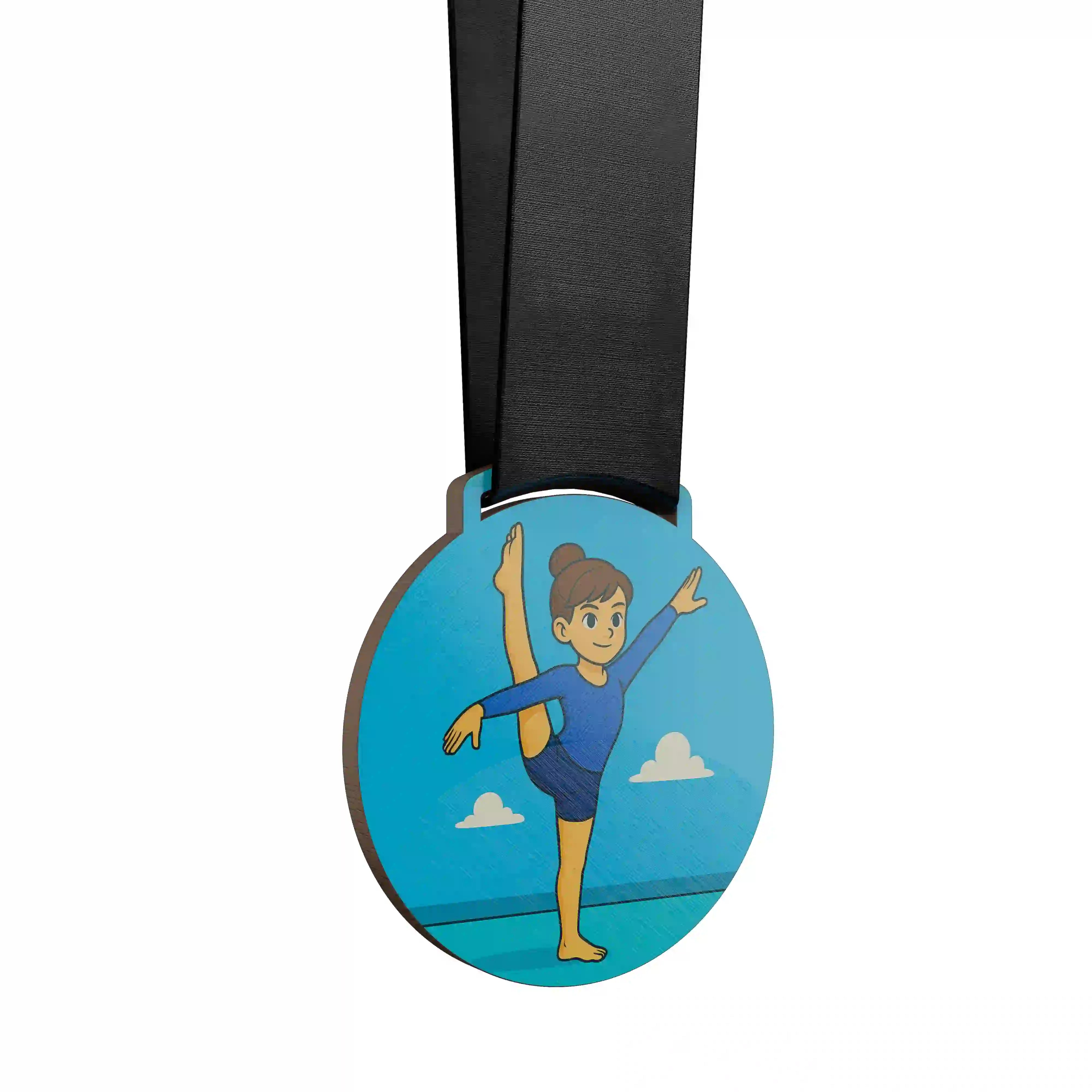 Petite fille en gymnastique artistique, réalisant une figure d’équilibre sur un pied.
