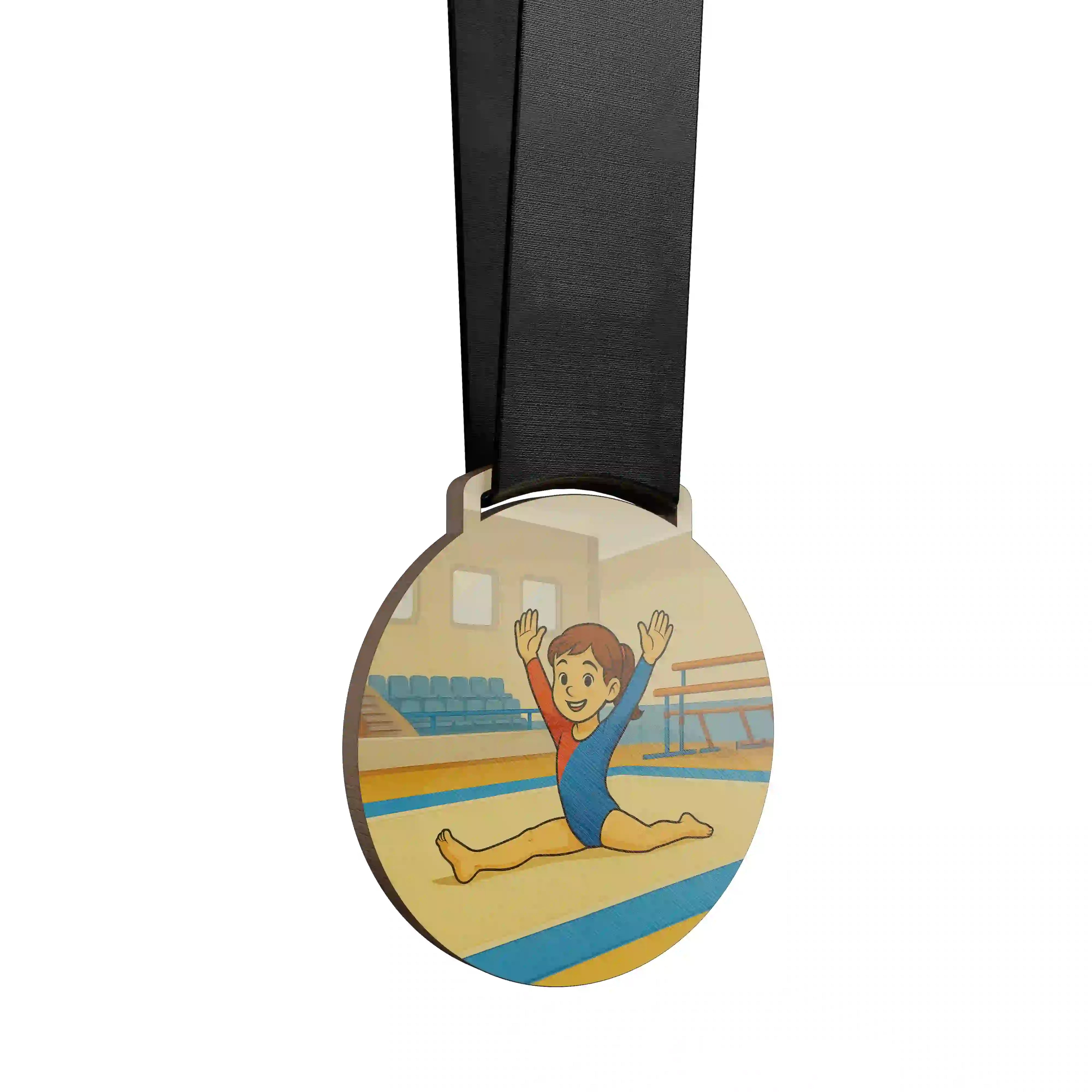 Petite fille en gymnastique artistique, réalisant un grand écart.
