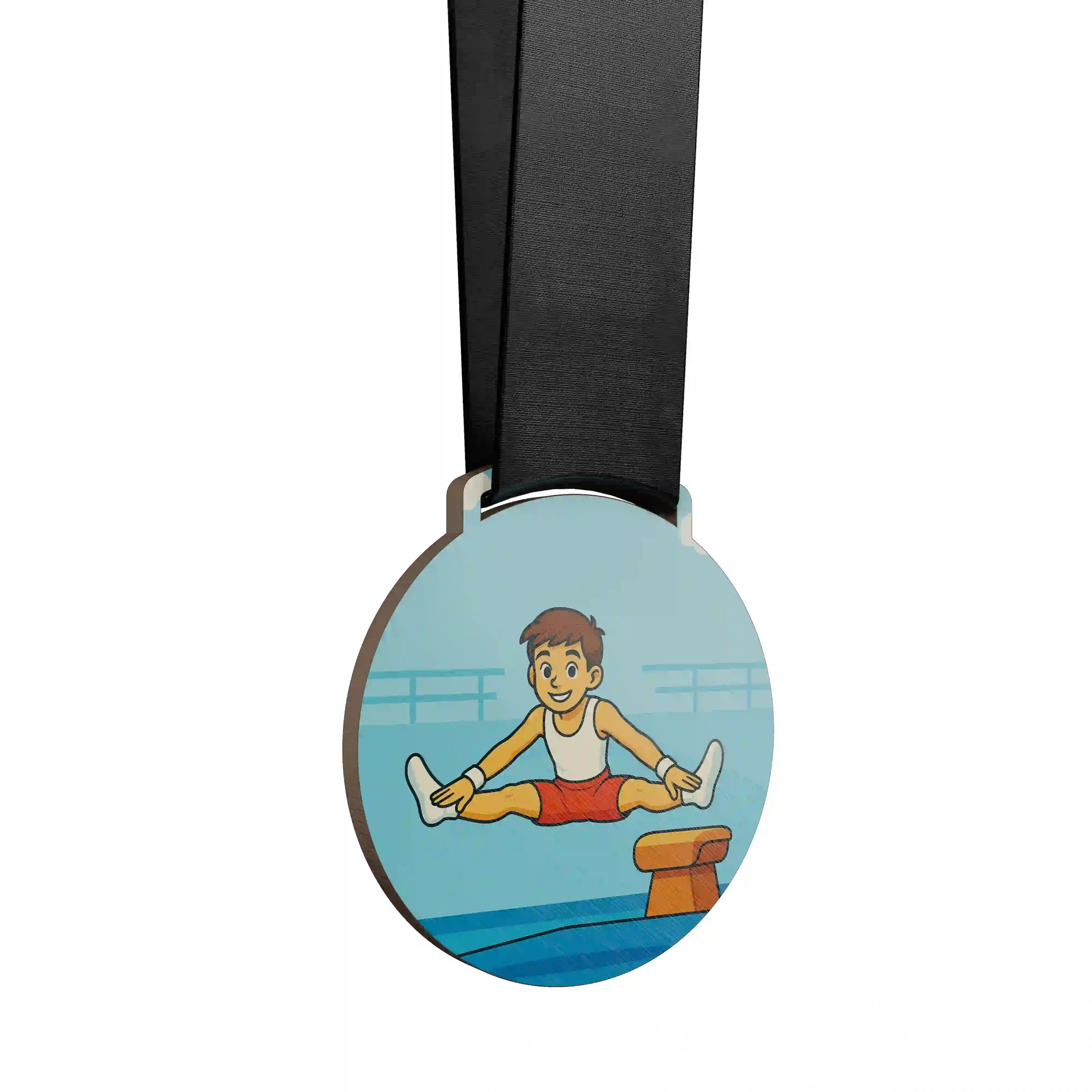 Petit garçon en gymnastique artistique, réalisant un saut de cheval avec écart latéral.
