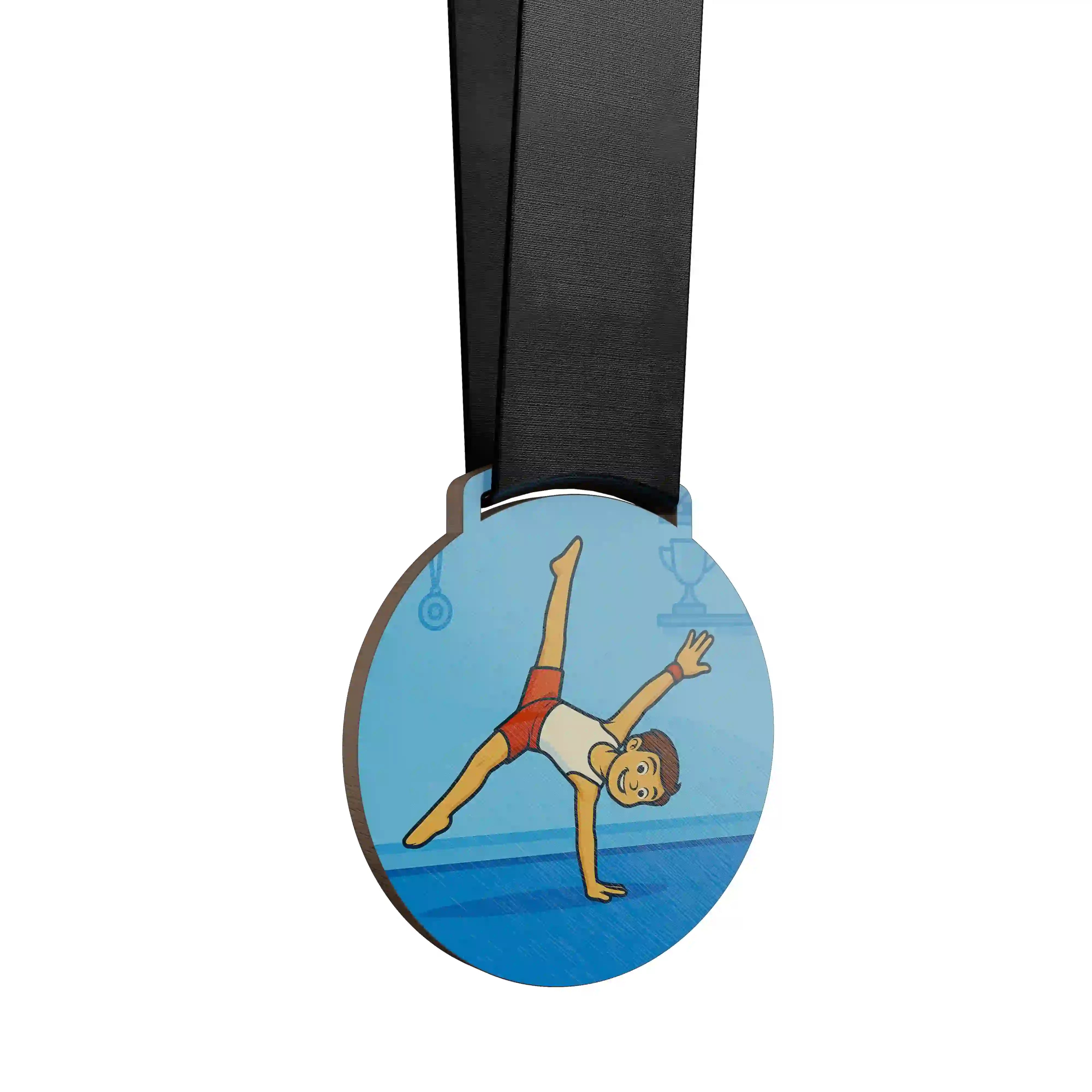 Petit garçon en gymnastique artistique, réalisant une figure d’équilibre dynamique sur une main.
