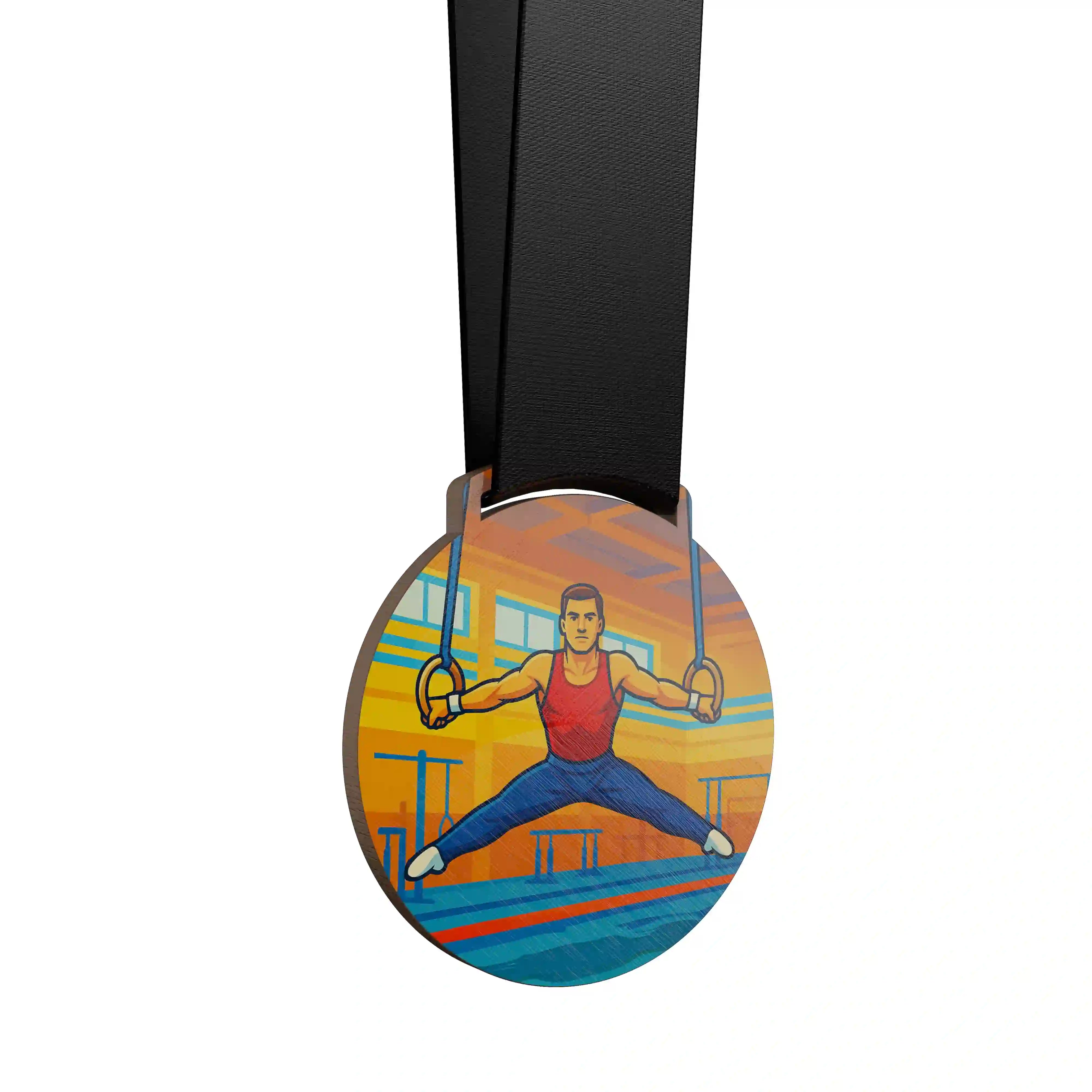 Homme en gymnastique artistique, en équilibre aux anneaux.