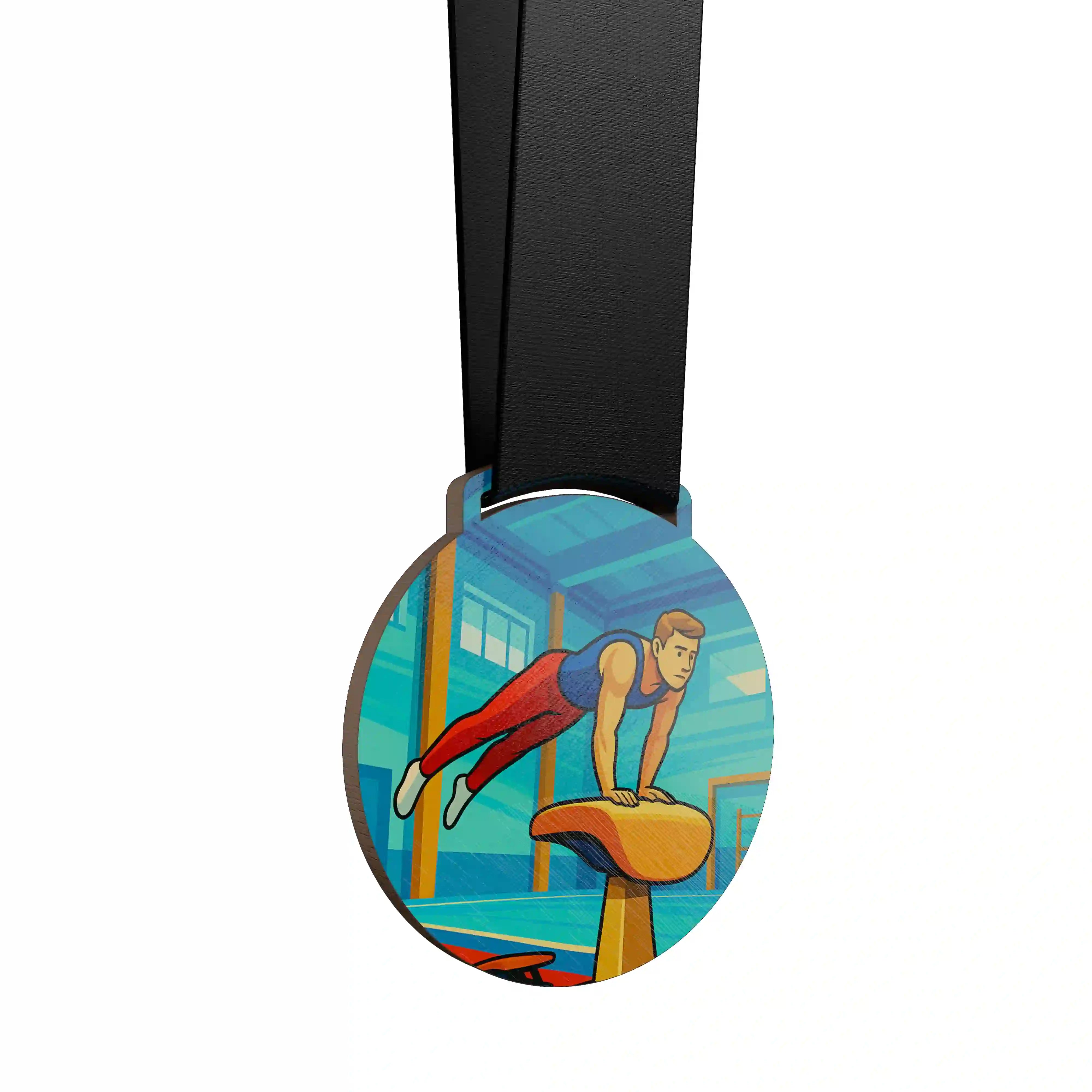 Homme effectuant un saut de cheval en gymnastique artistique.