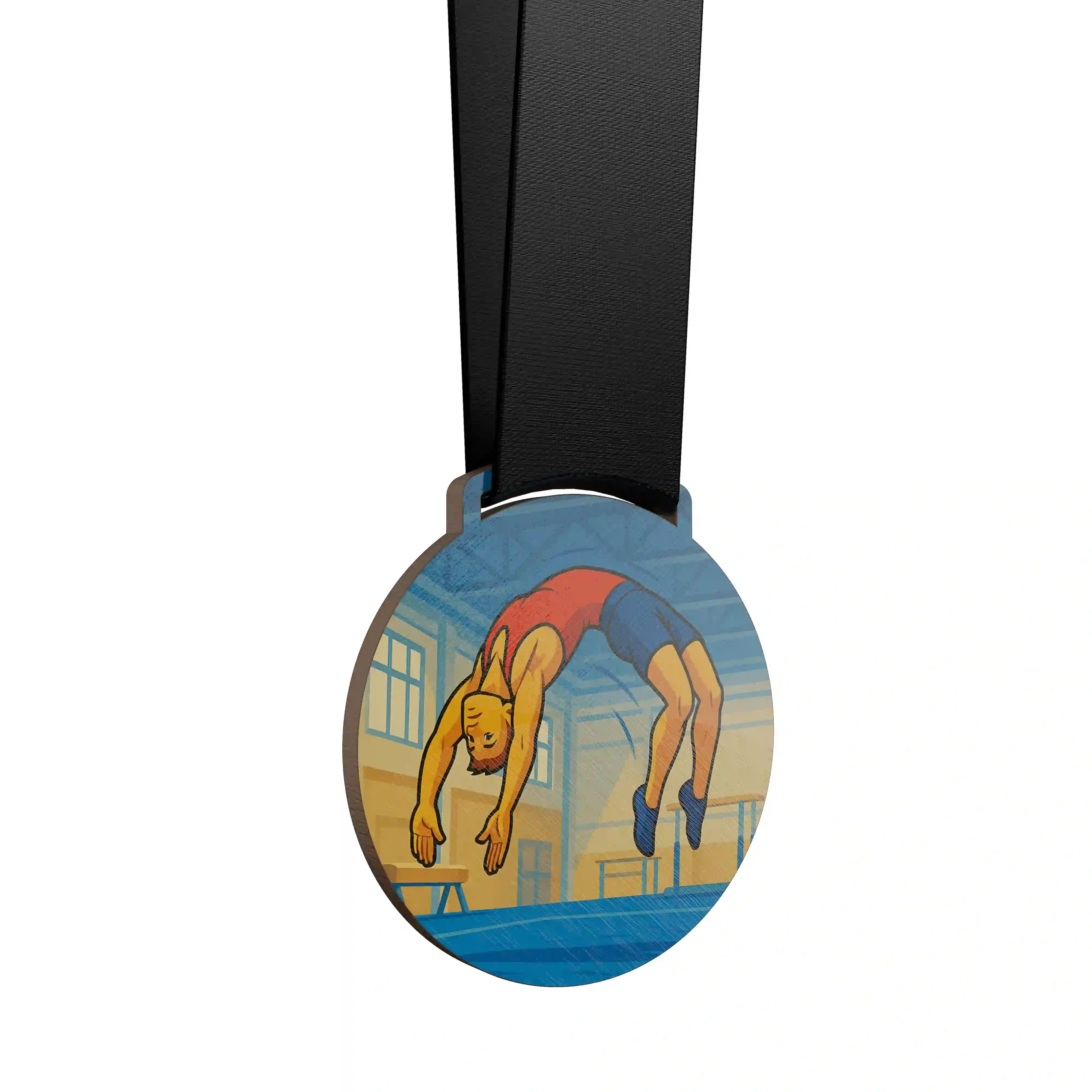 Gymnaste masculin effectuant un saut de cheval avec arc arrière.