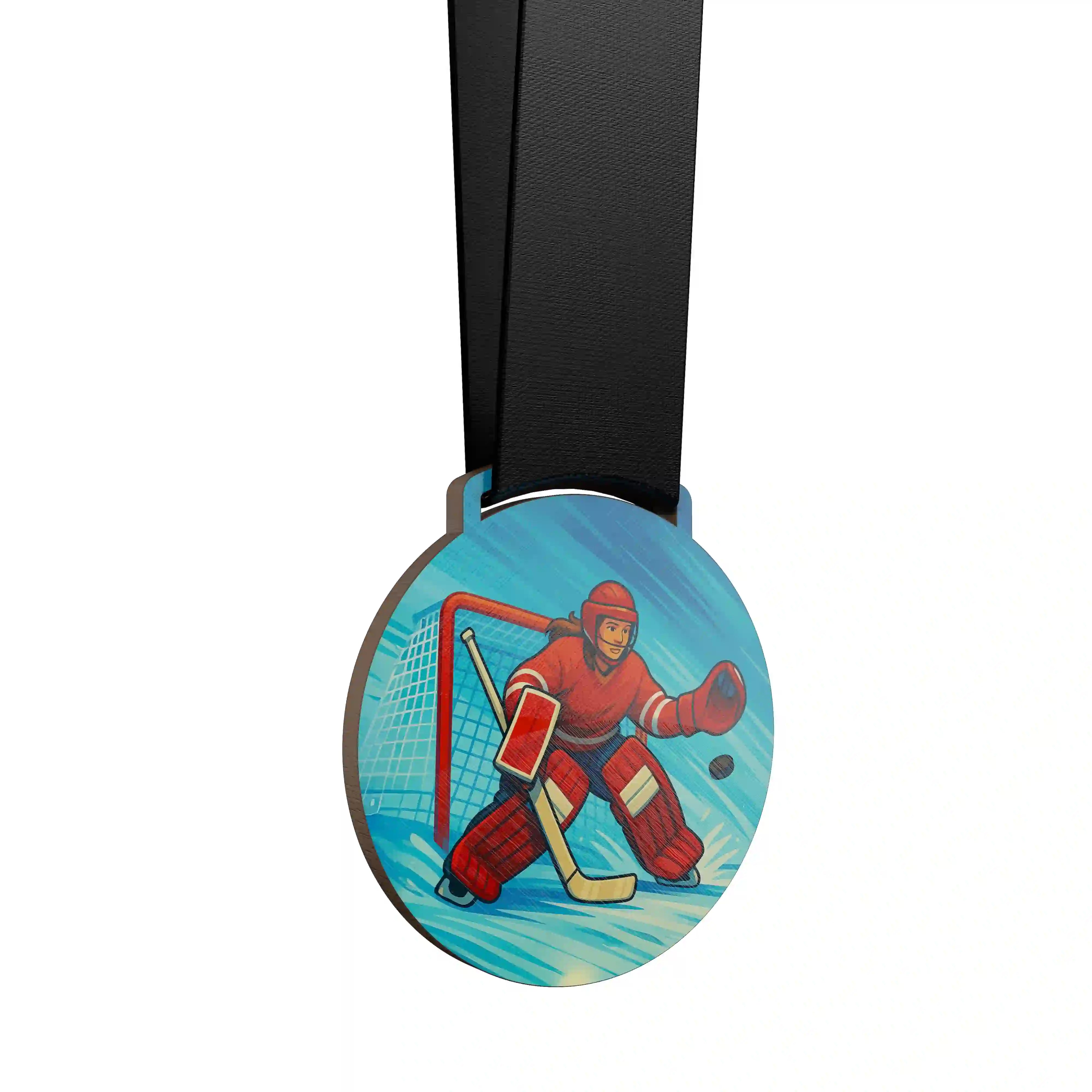 Gardien de hockey sur glace féminin en tenue complète.