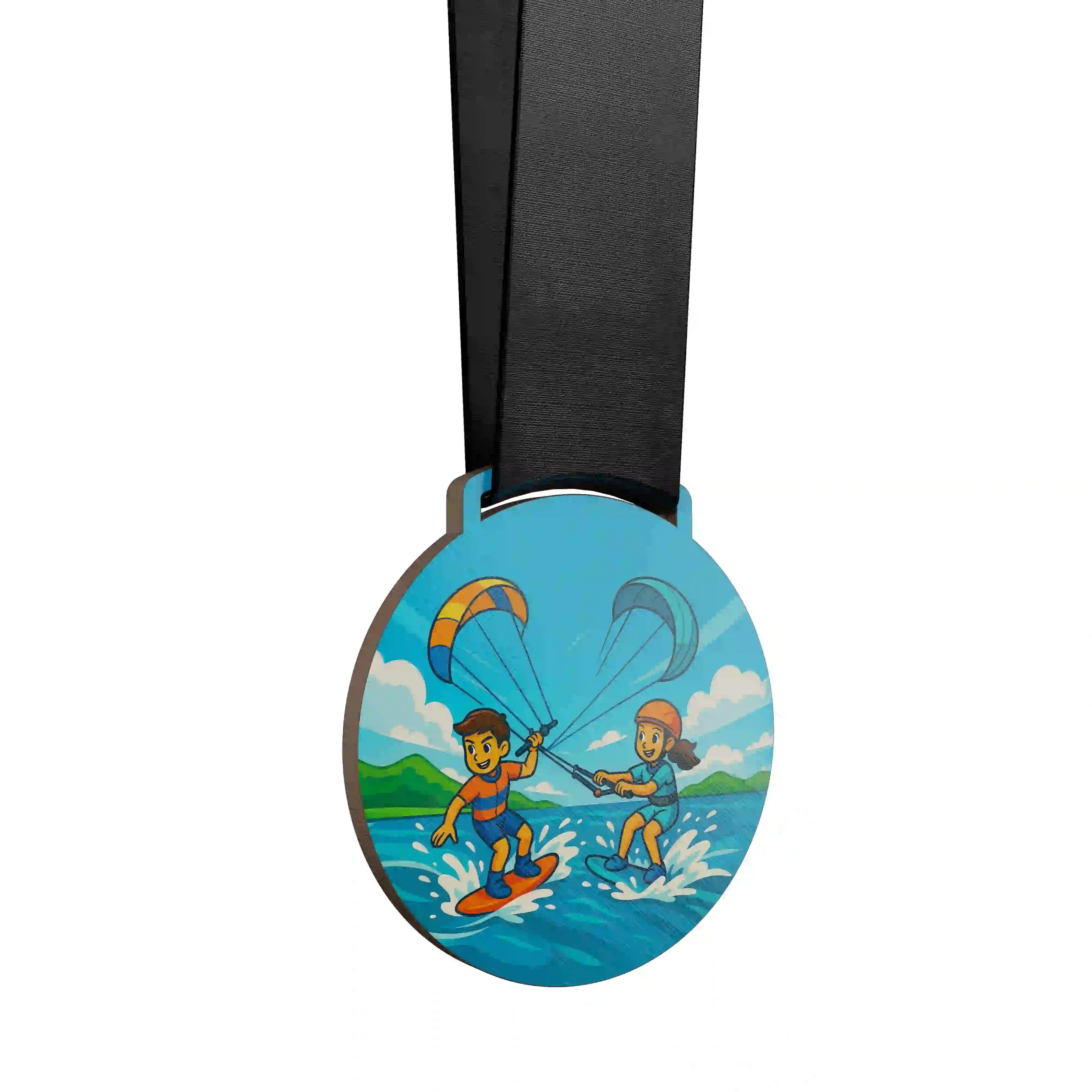médaille en bois d'enfants faisant du kitesurf