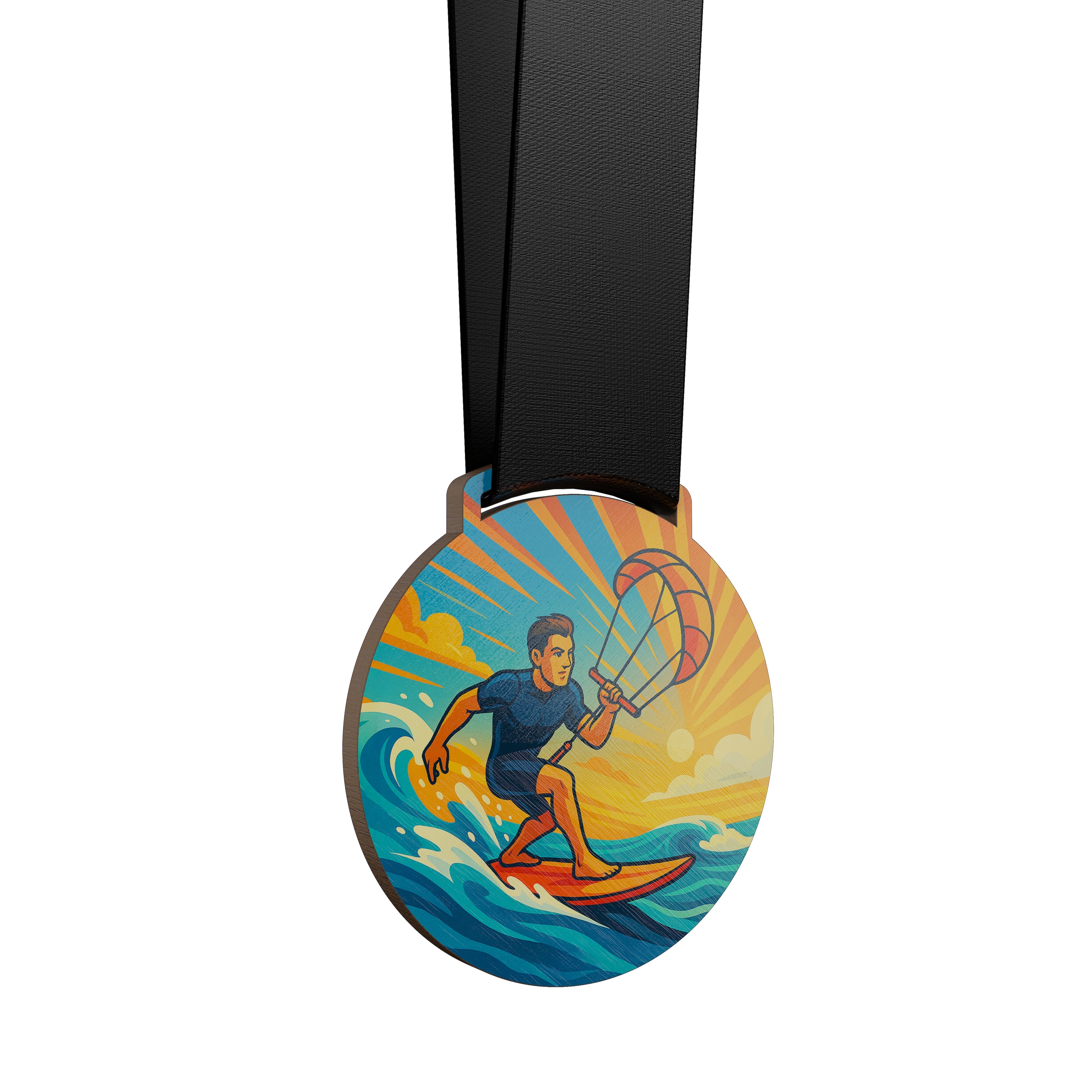 médaille en bois d'un homme faisant du kitesurf