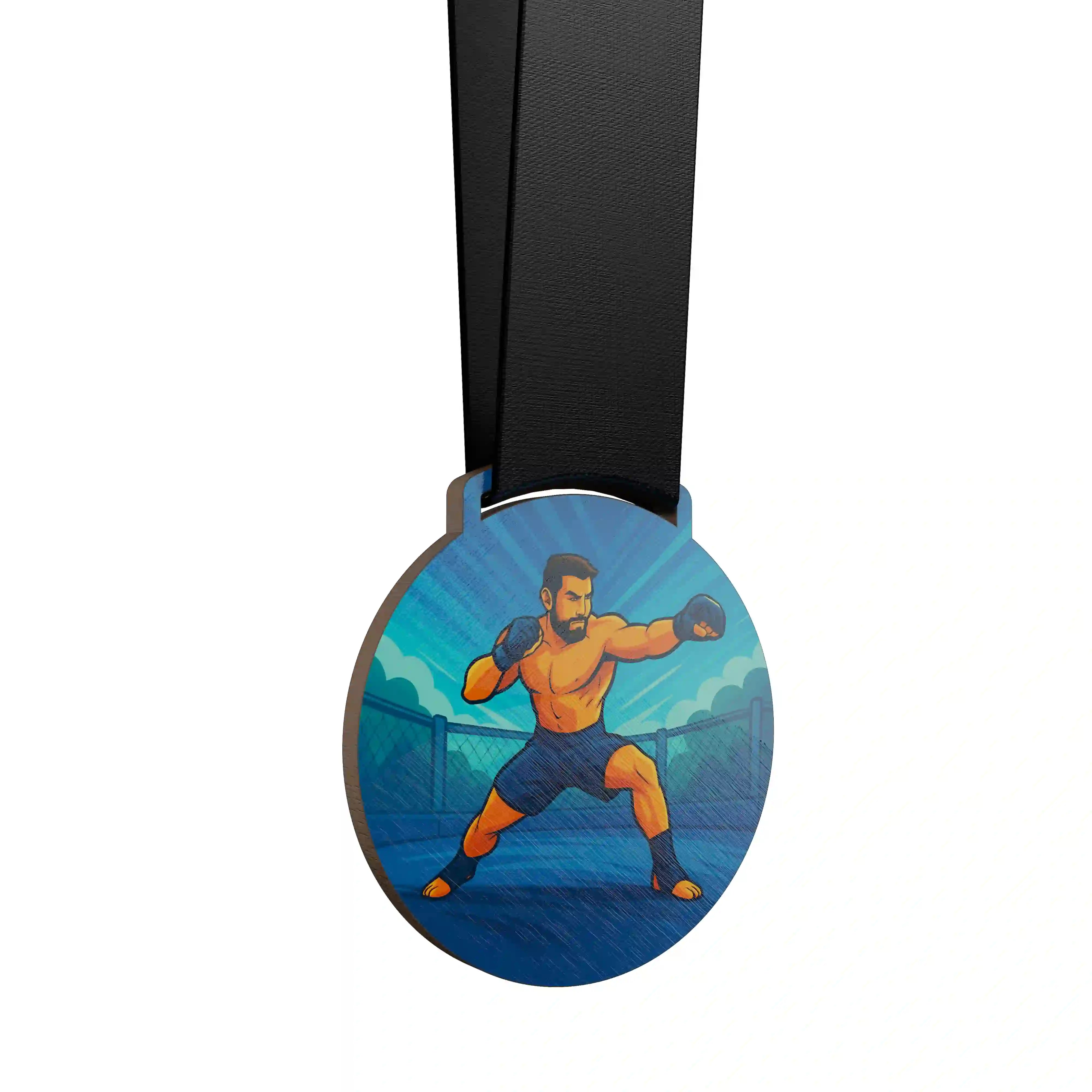 médaille en bois d'un homme faisant du mma