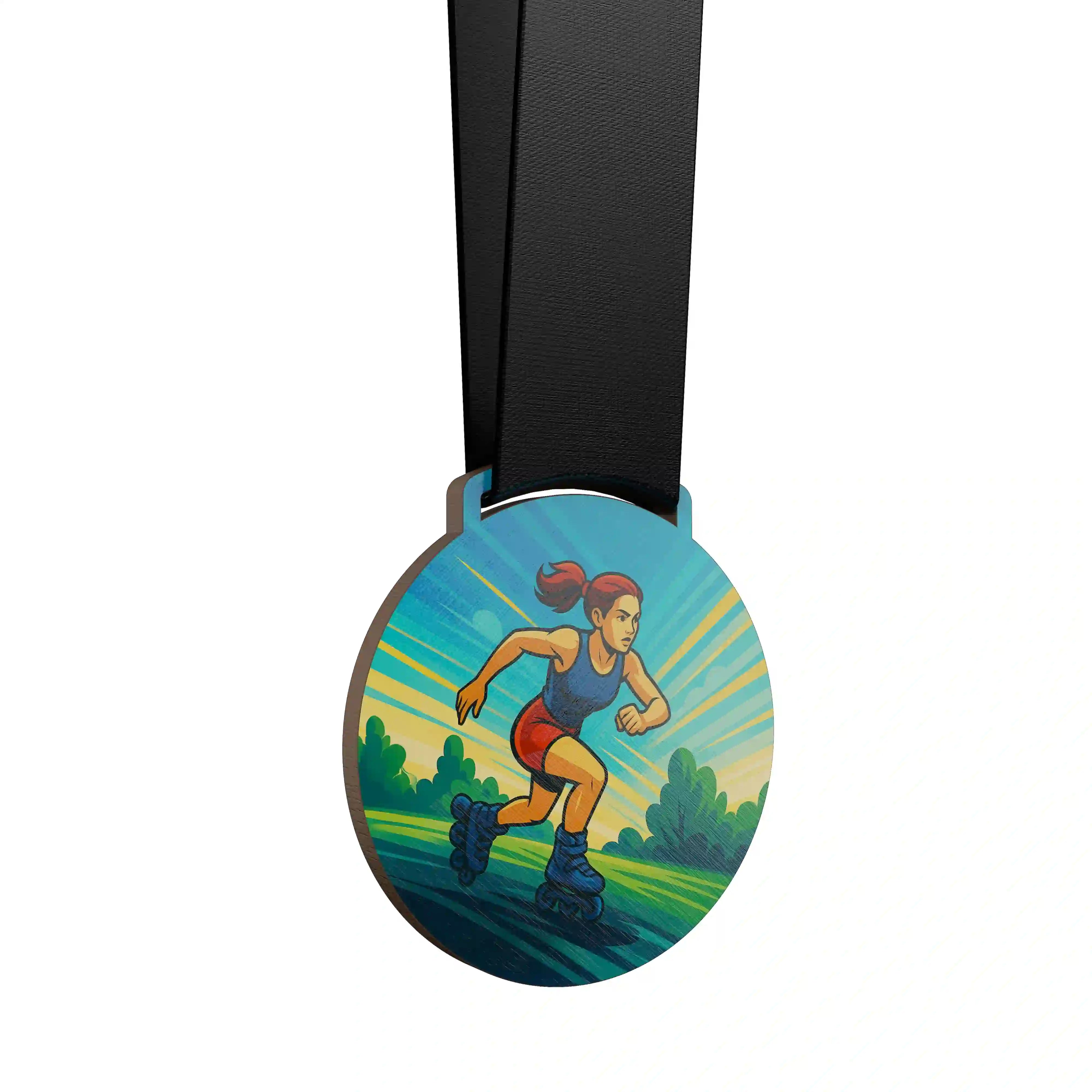 médaille en bois d'une femme faisant du patin à roulette