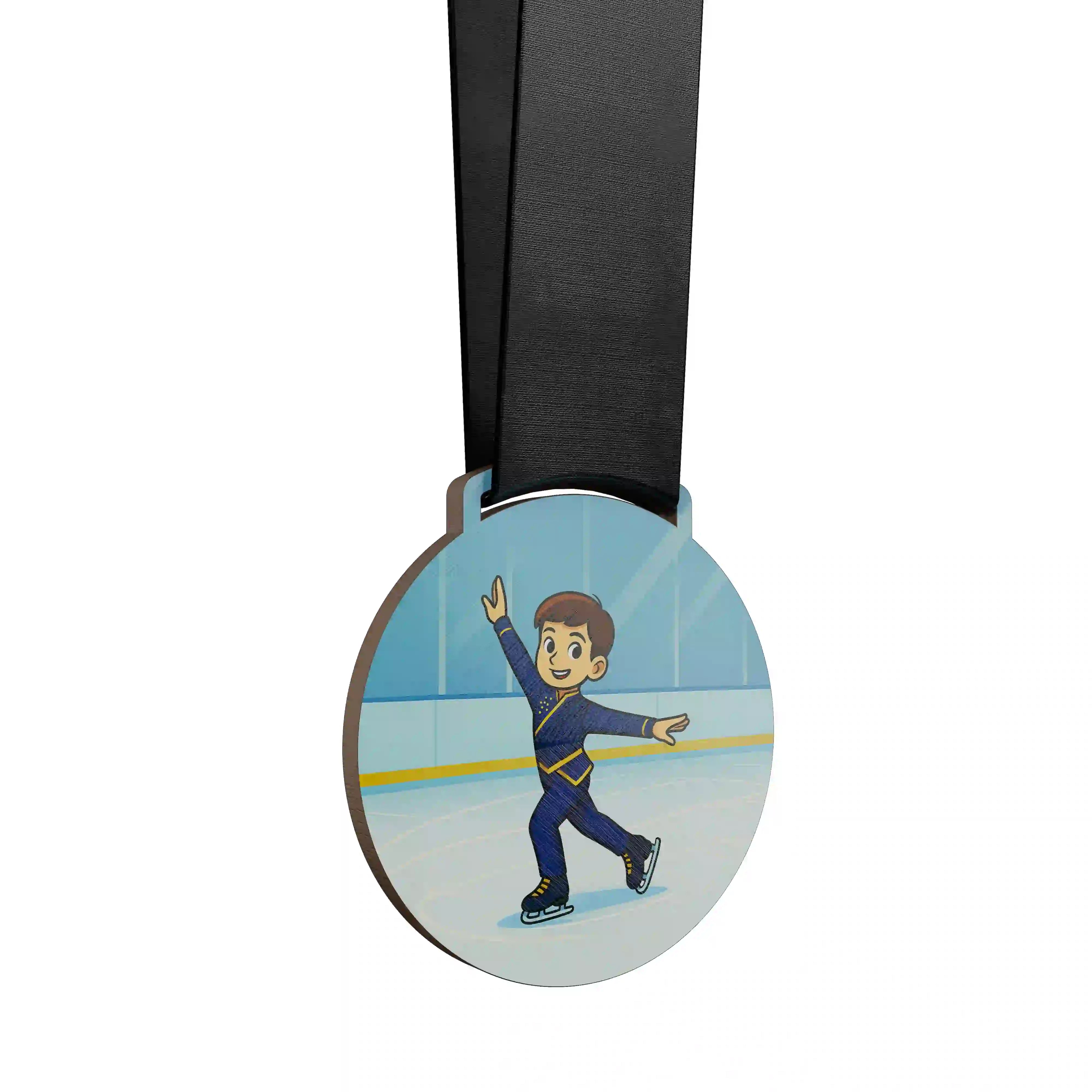 médaille en bois d'un jeune garçon faisant du patinage artistique