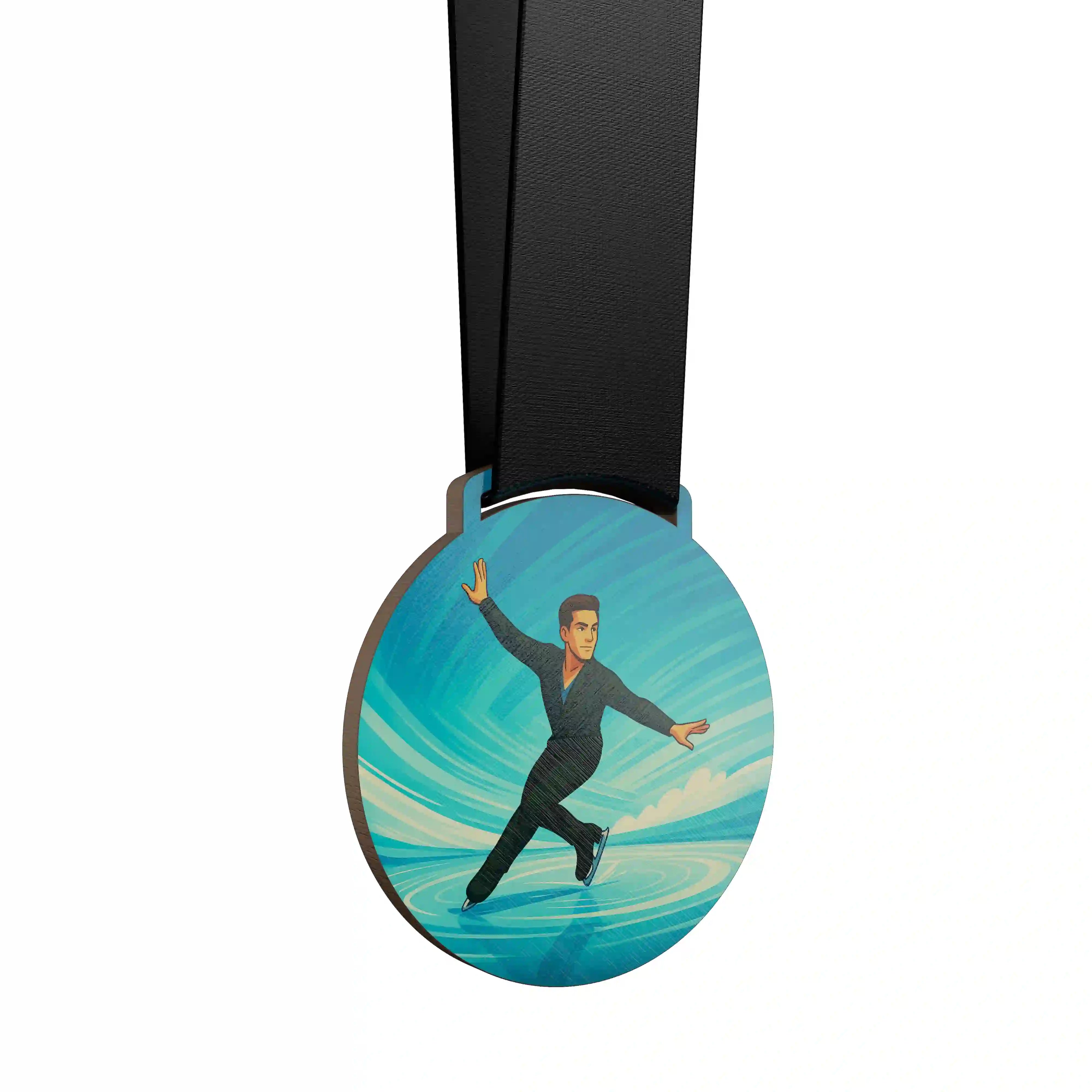 médaille en bois d'un homme faisant du patinage artistique