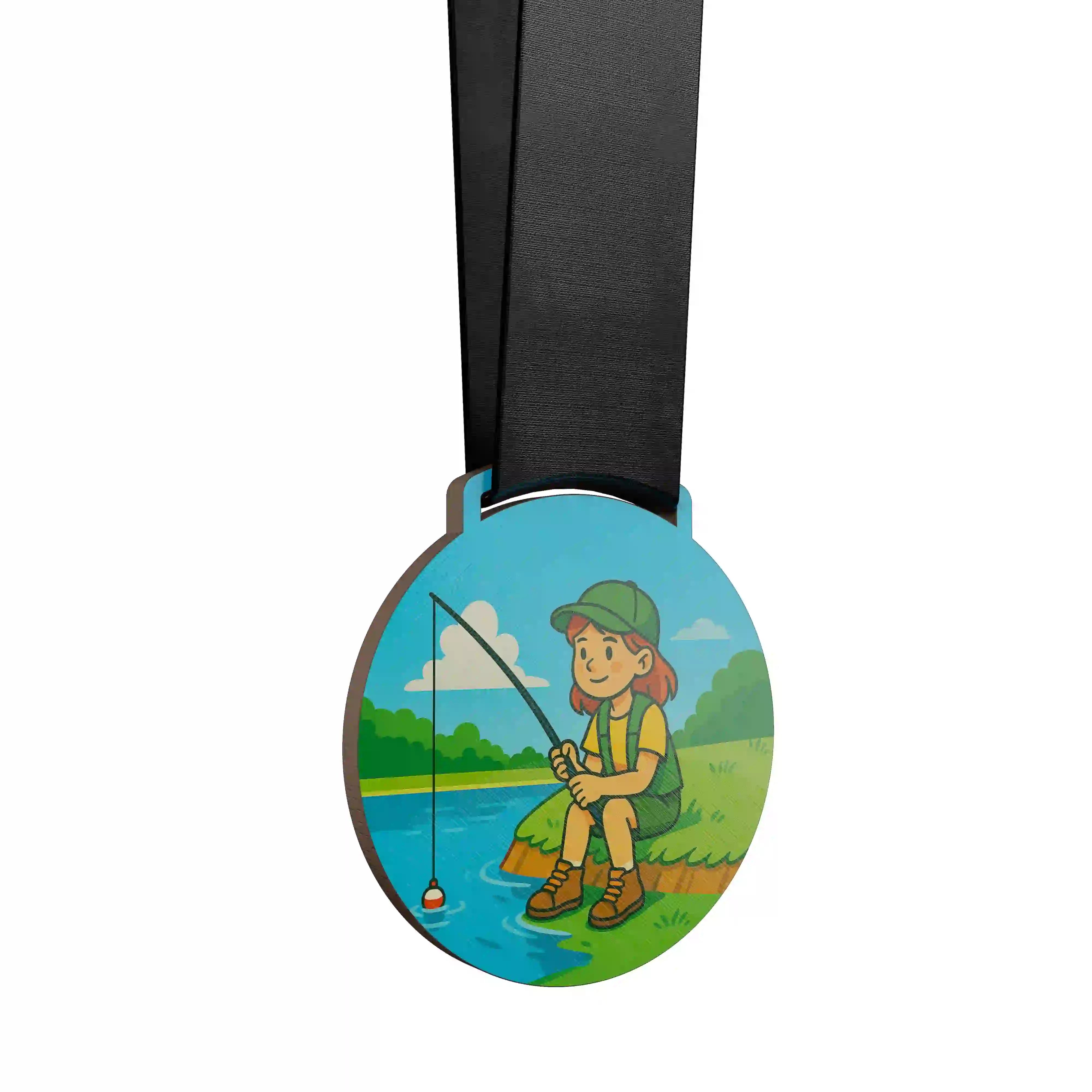 médaille en bois d'une jeune fille en train de pêcher