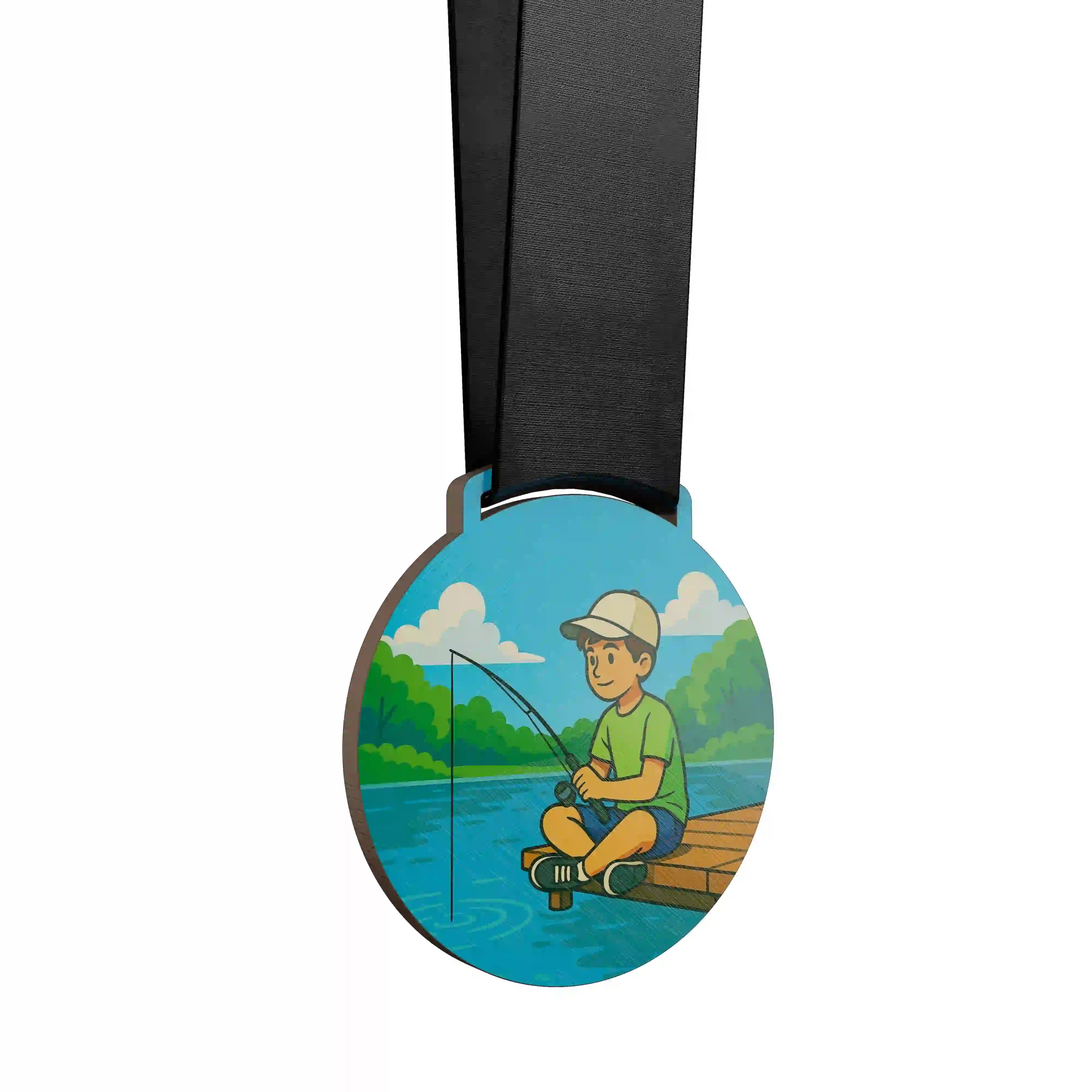 médaille en bois montrant un jeune garçon assis en train de pêcher