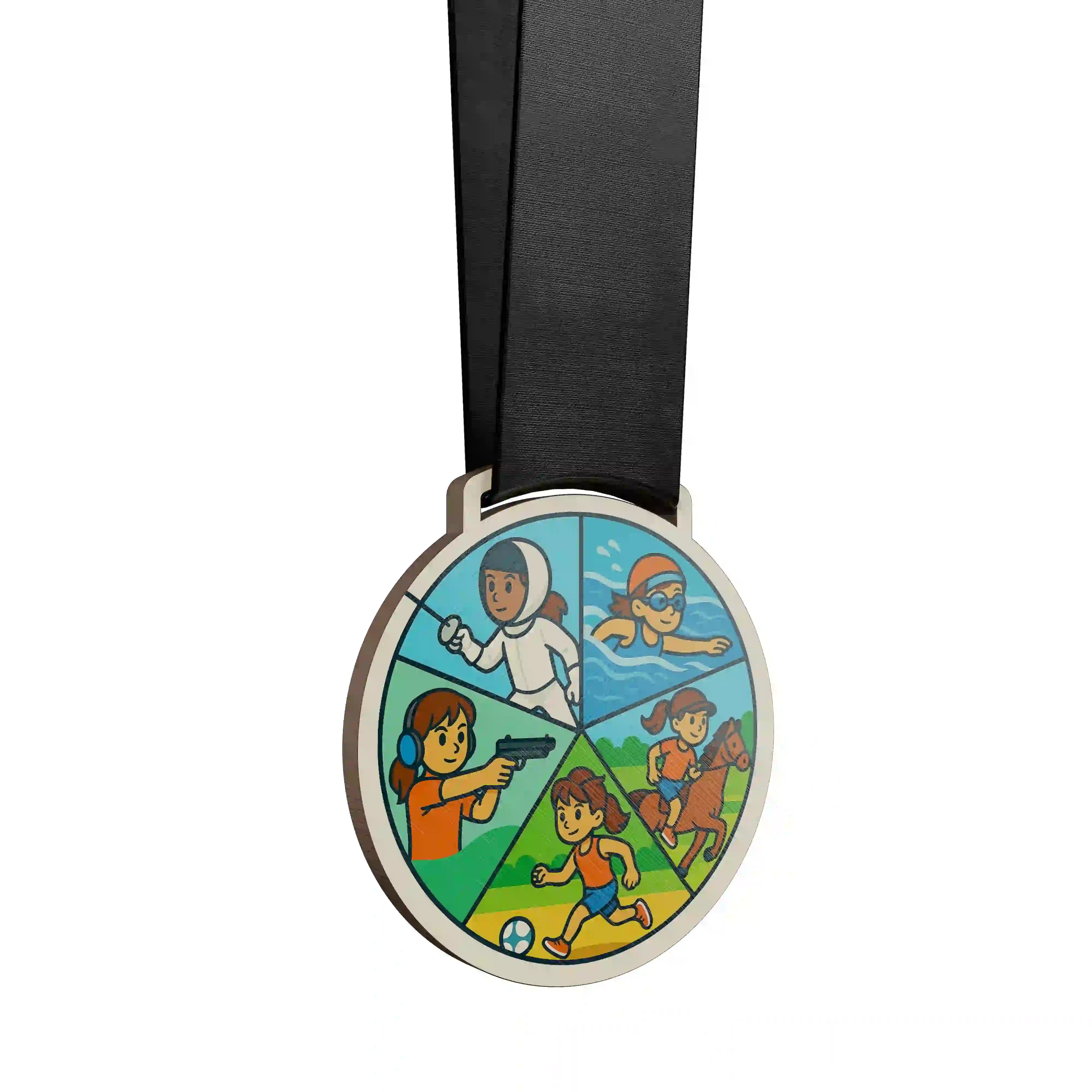 médaille en bois montrant une fille effectuer un penthalon moderne