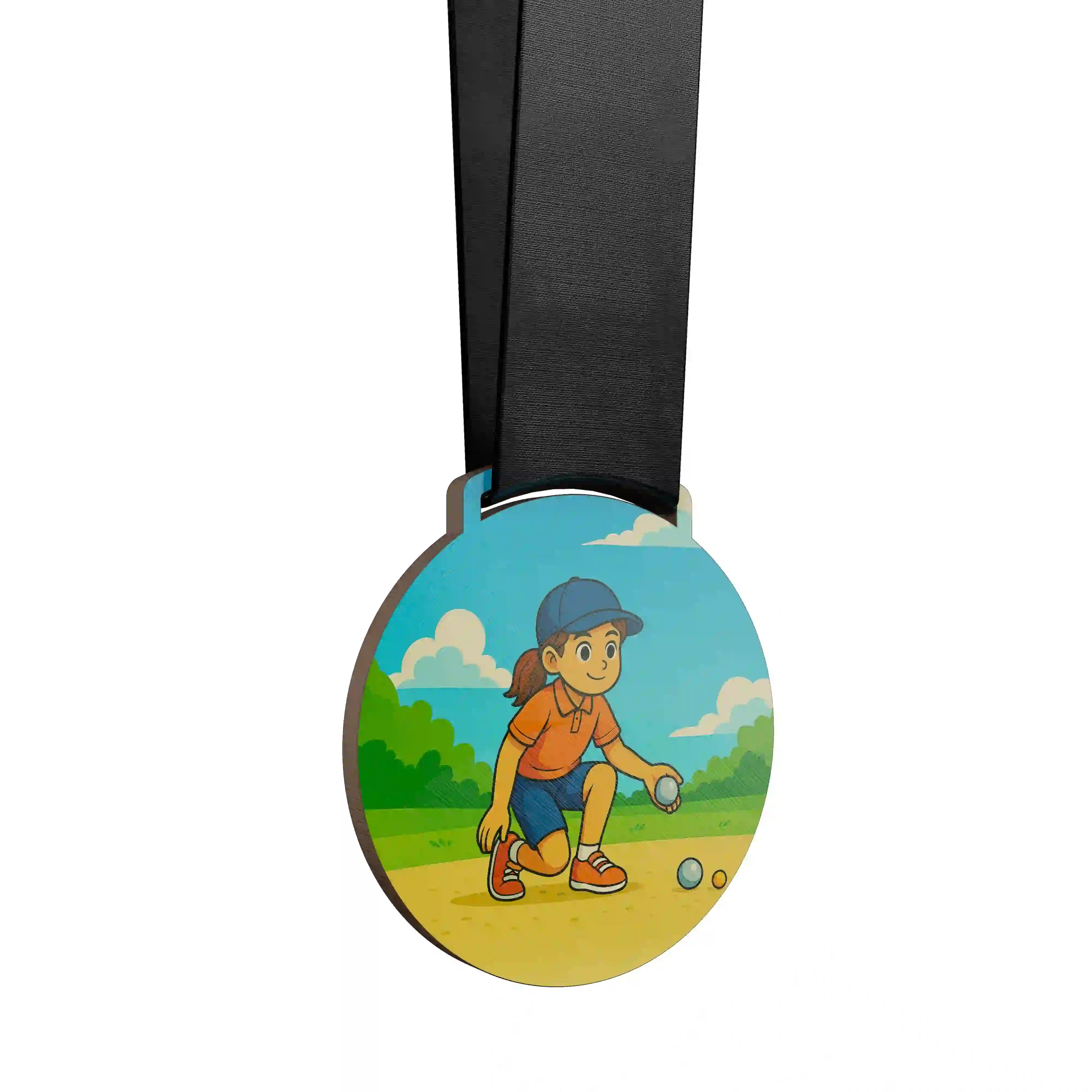 médaille en bois d'une jeune fille faisant de la pétanque
