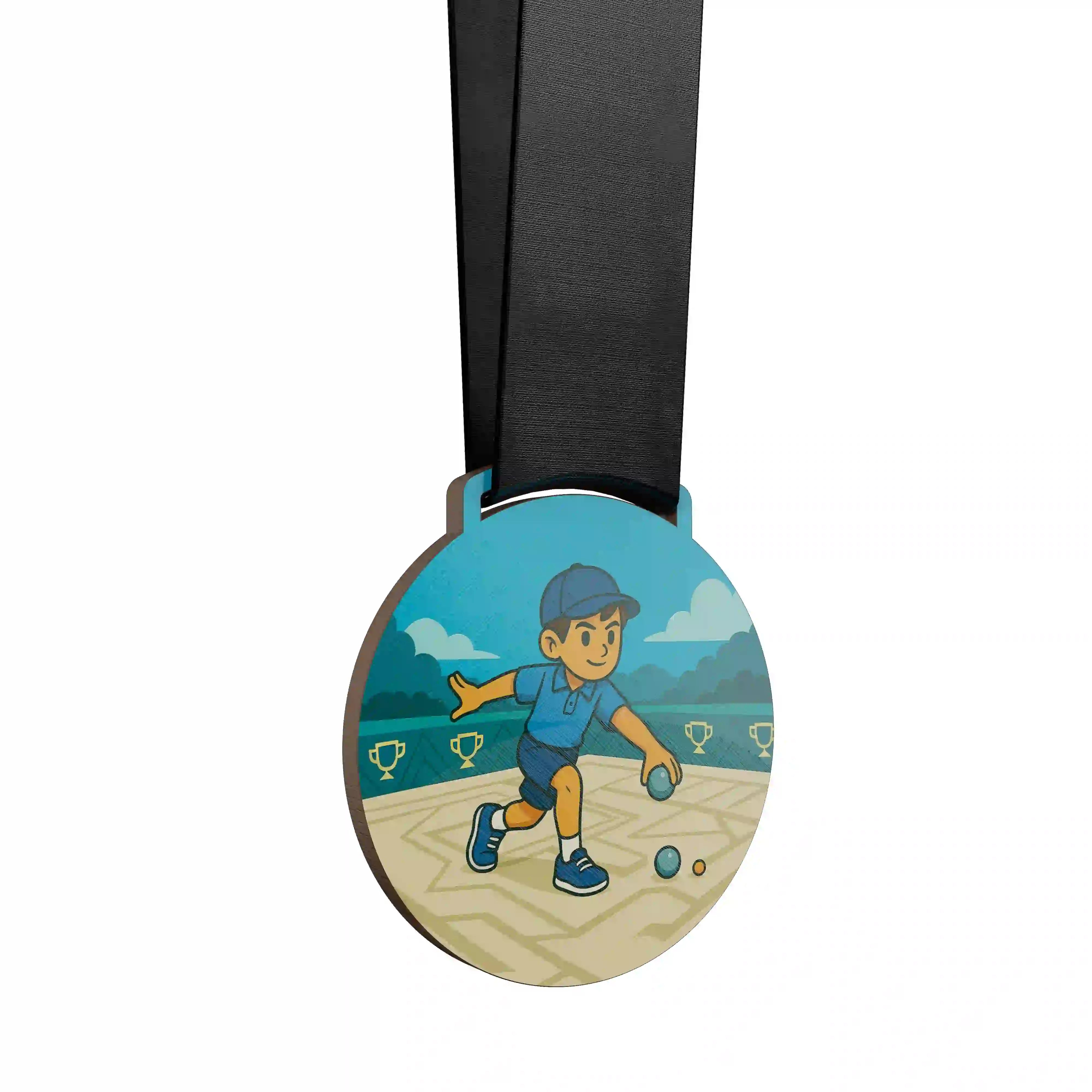 médaille en bois d'un jeune garçon faisant de la pétanque