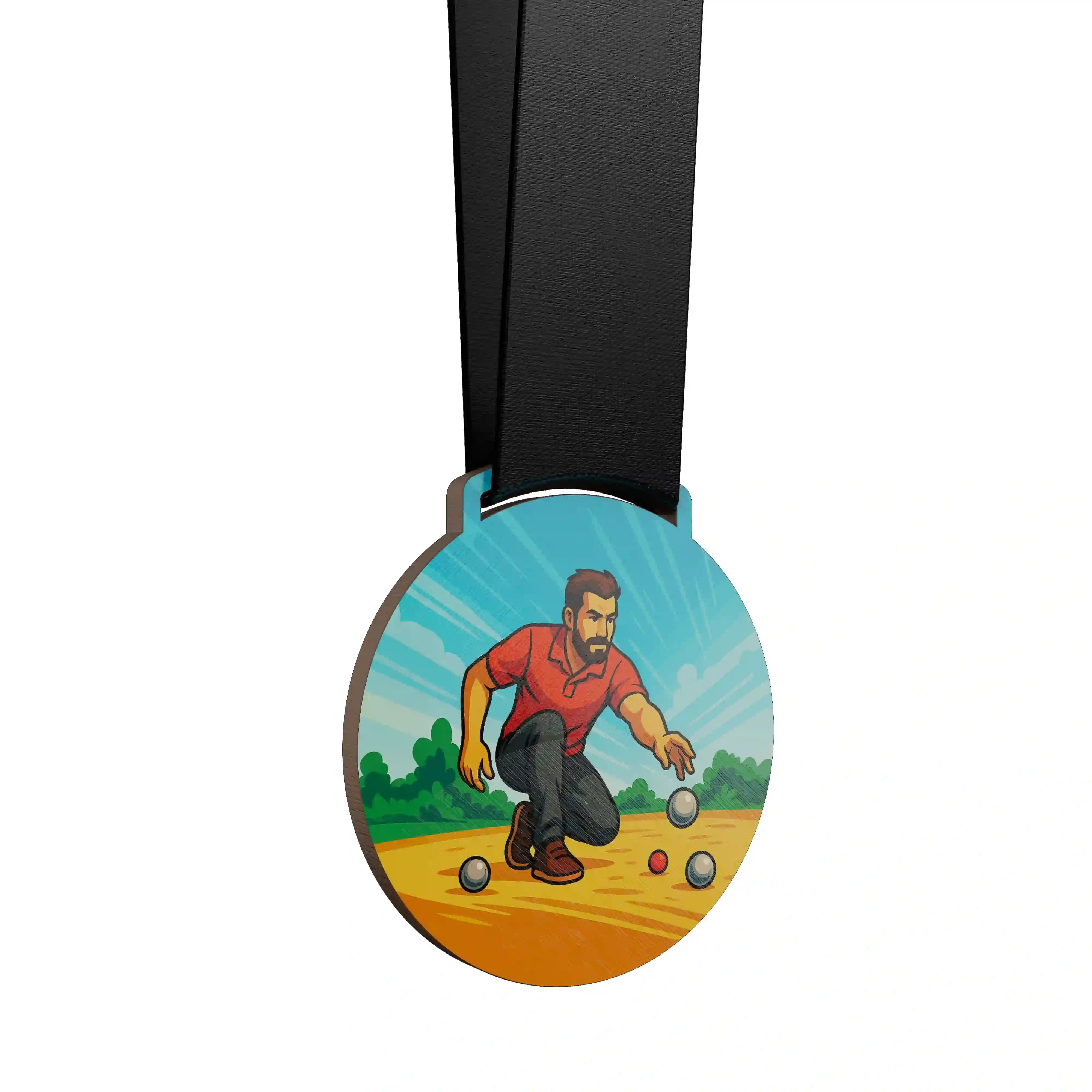 médaille en bois d'un homme faisant de la pétanque