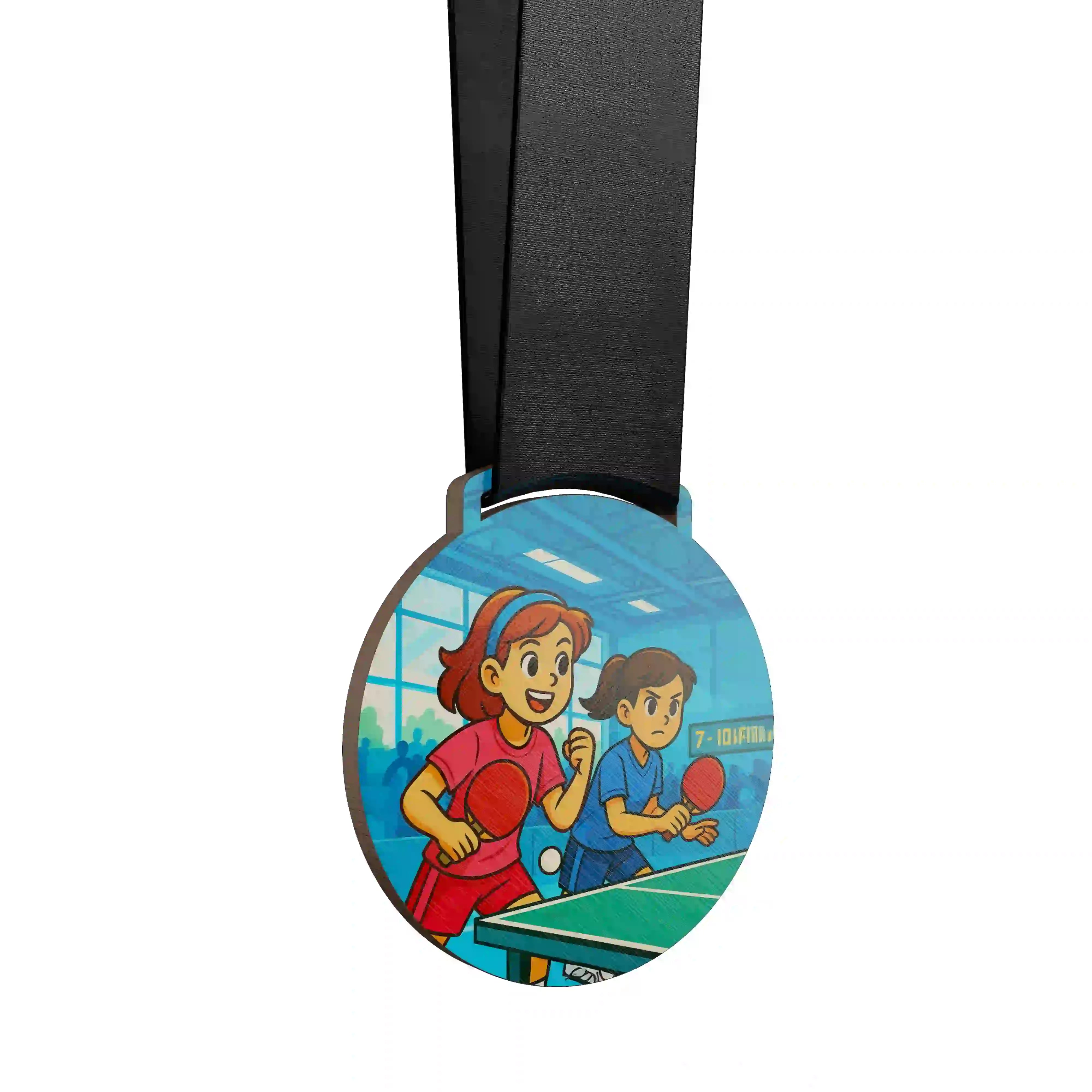 médaille en bois montrant deux jeunes filles jouer au ping pong