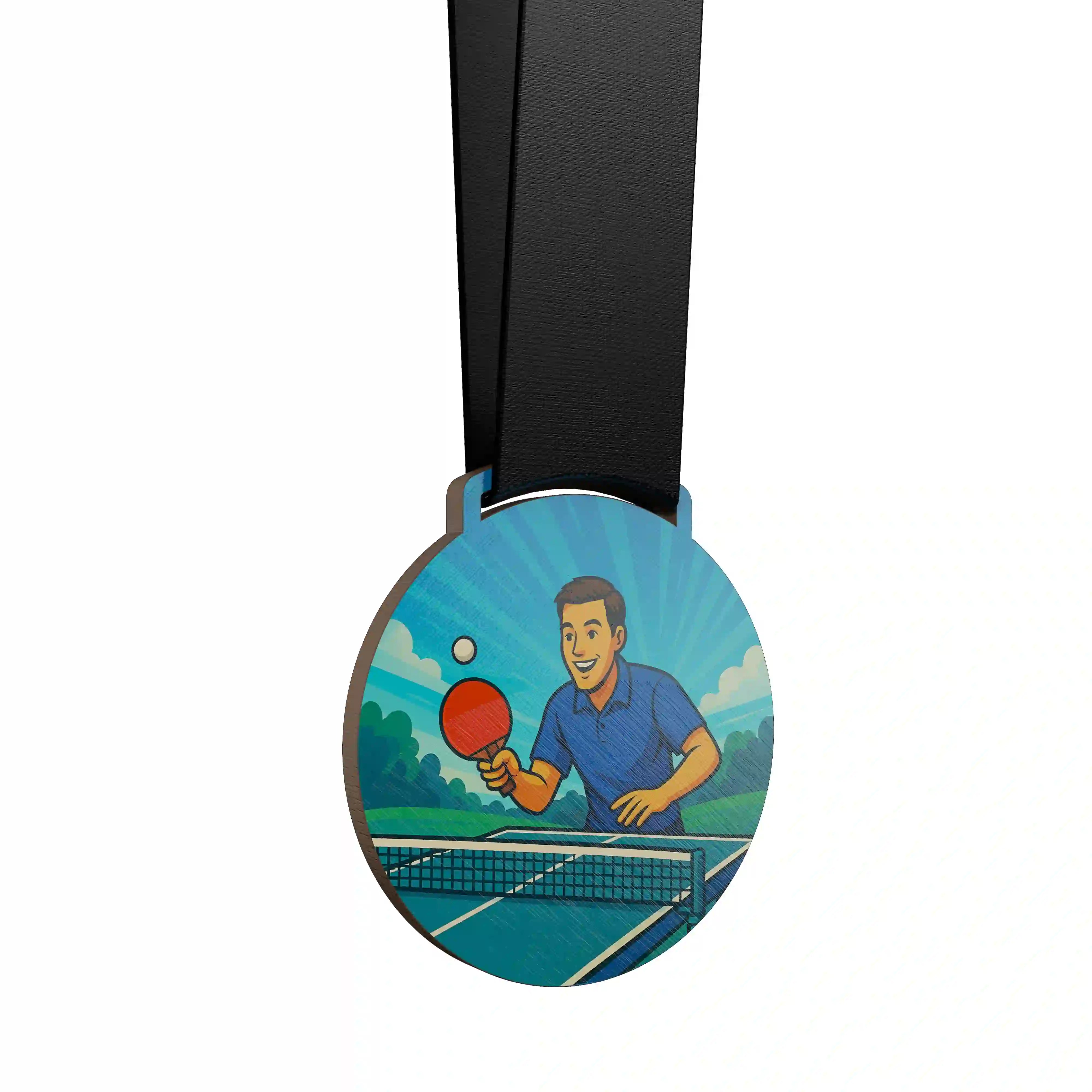 médaille en bois avec un homme jouant au ping pong
