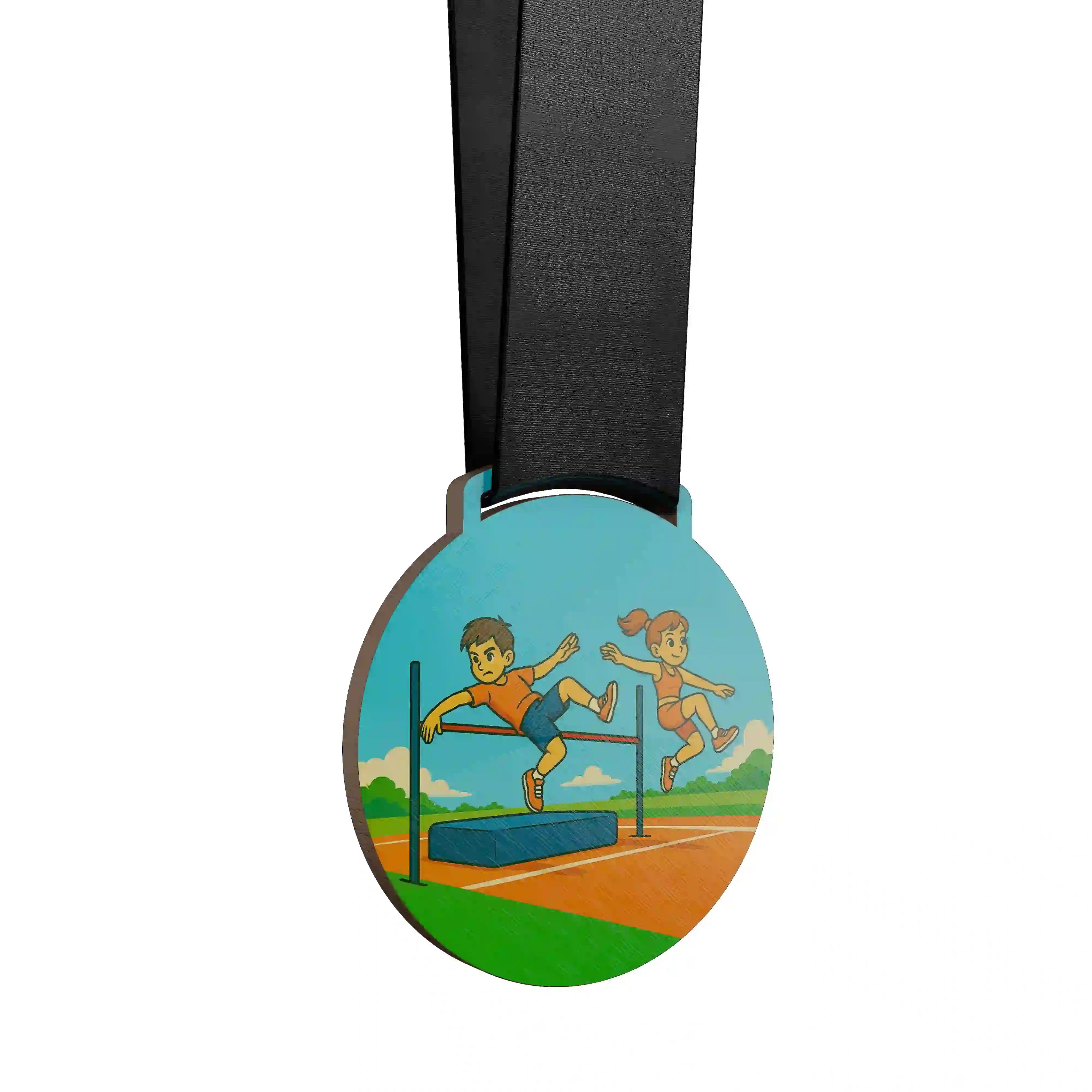 médaille en bois de deux enfants faisant du saut en hauteur