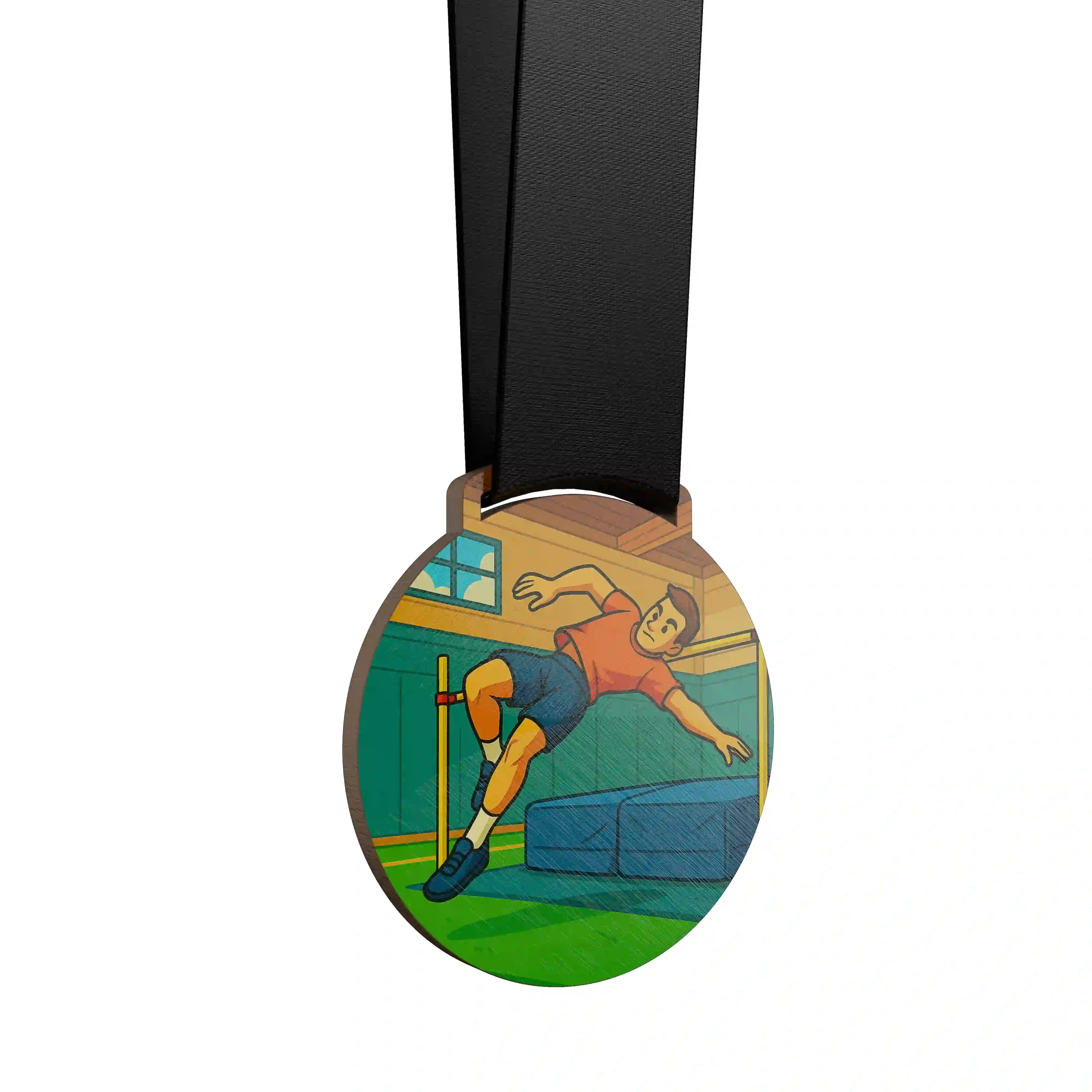 médaille en bois d'un homme faisant du saut en hauteur