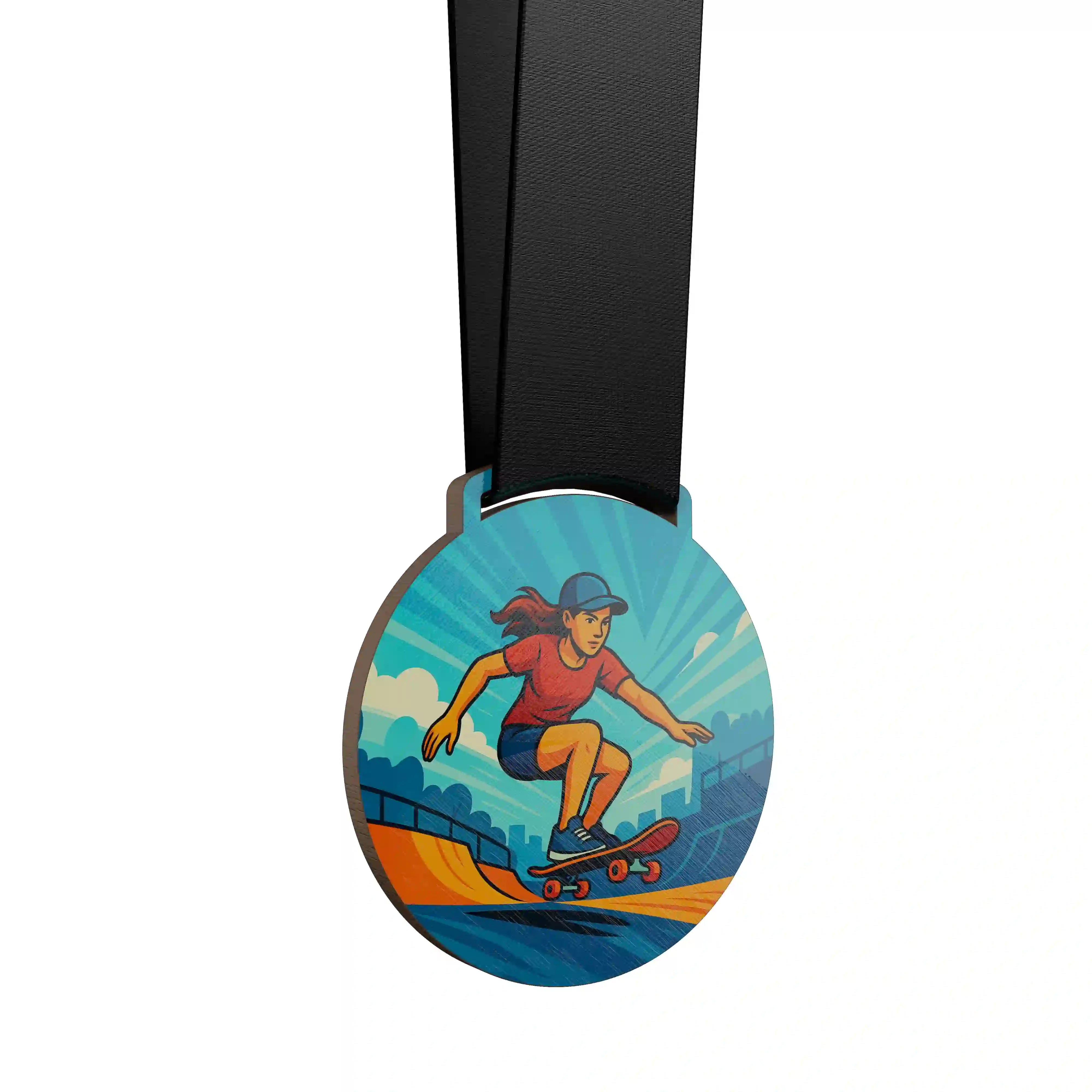 médaille en bois d'une femme faisant du skate