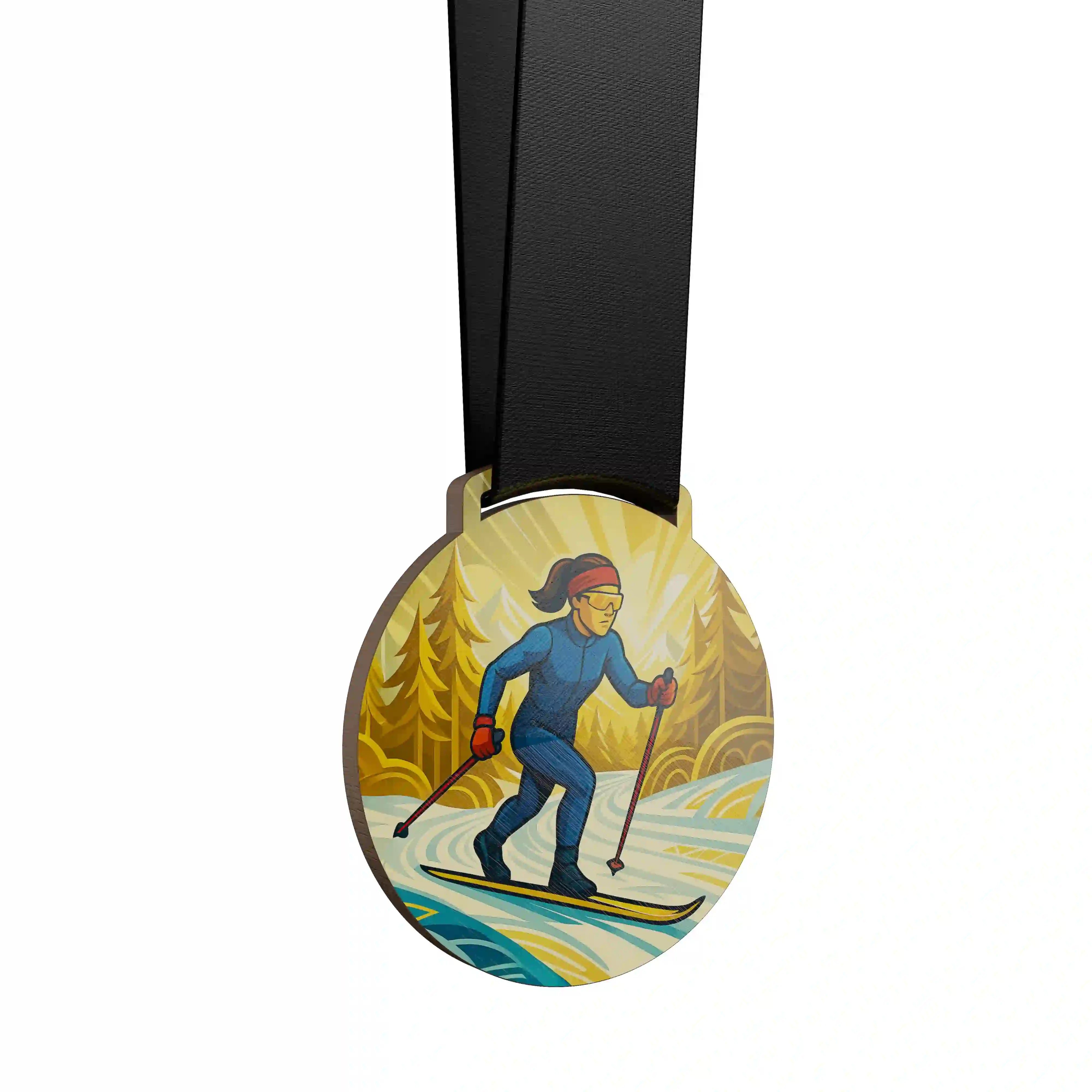 médaille en bois d'une femme en train de faire du ski de fond