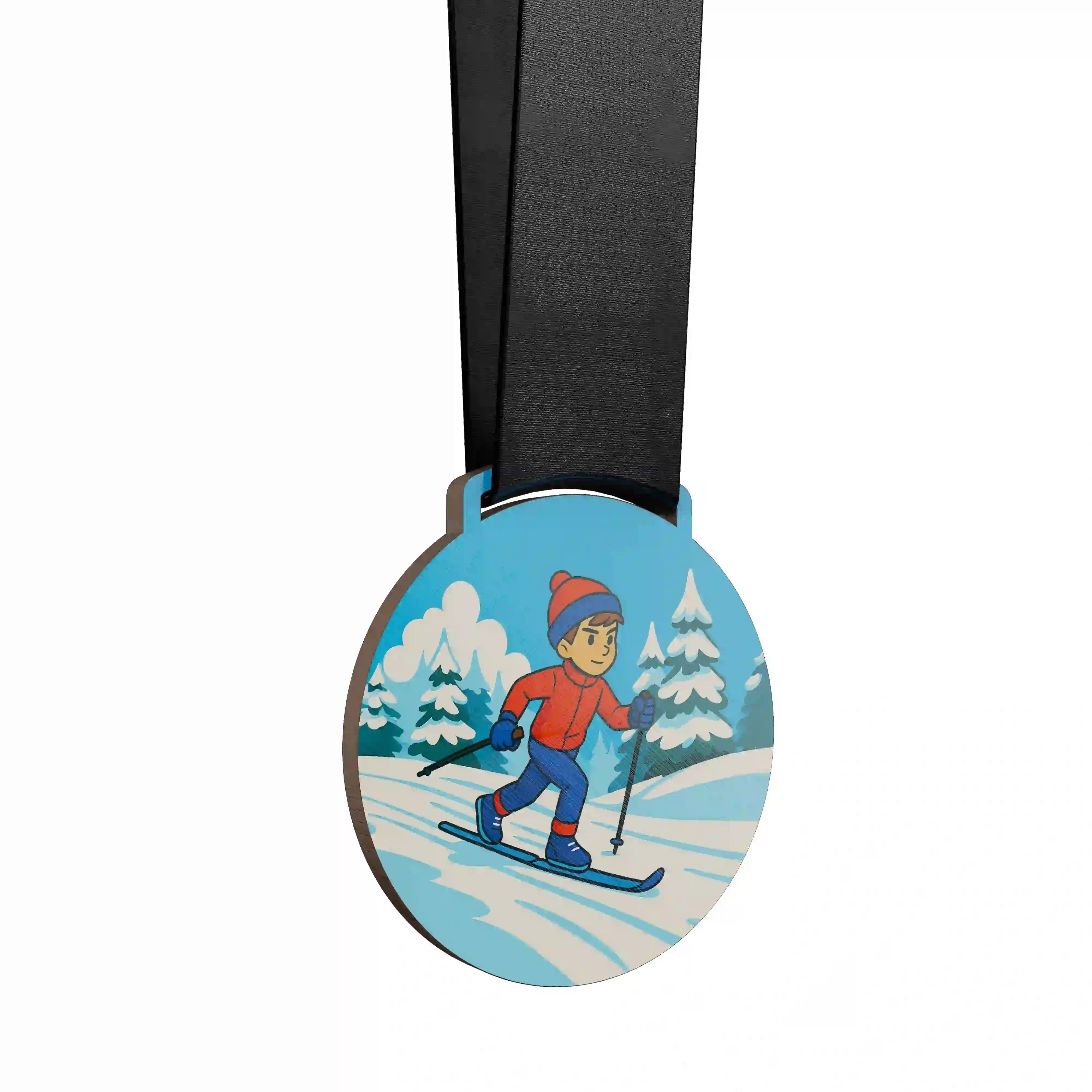 médaille en bois d'un jeune garçon faisant du ski de fond