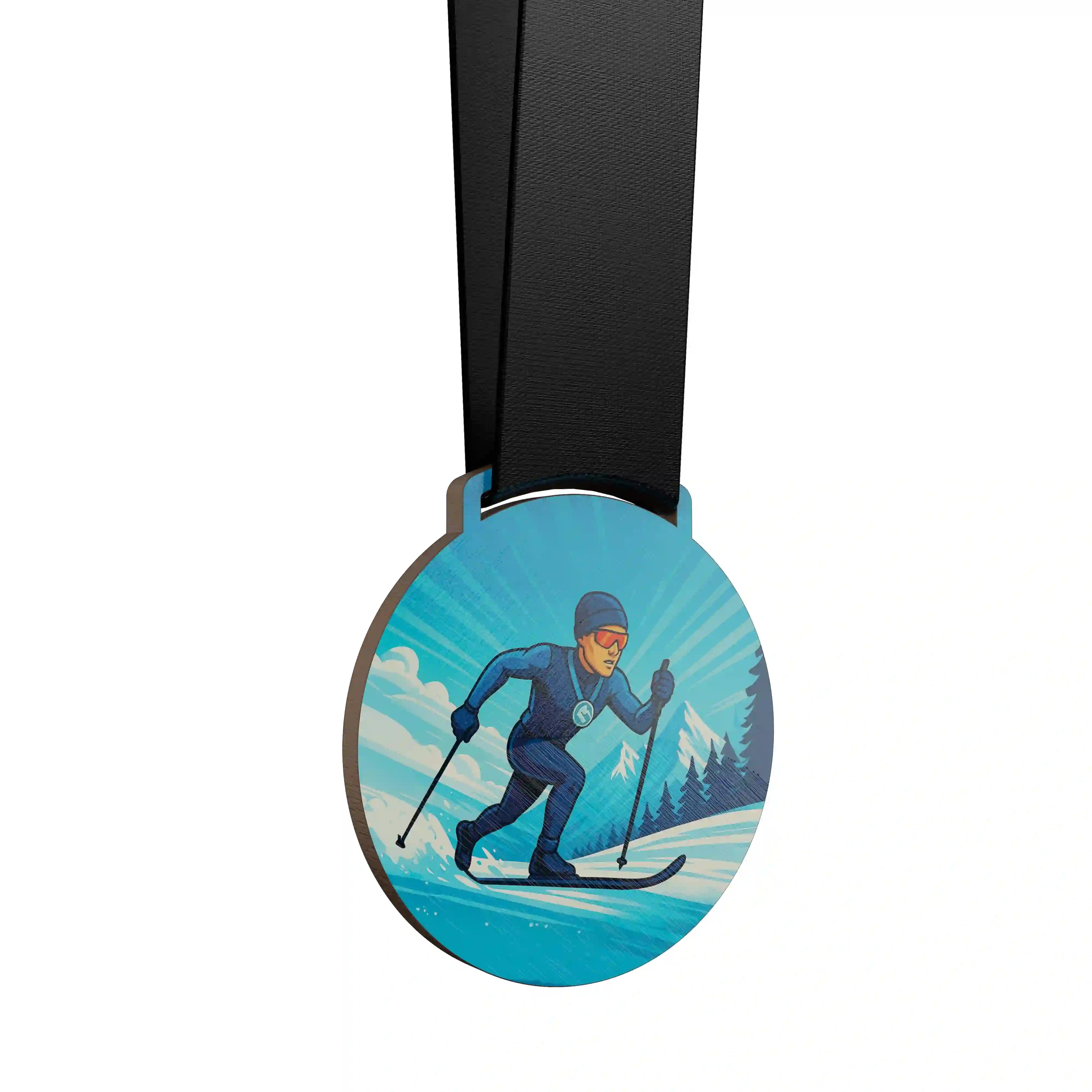 médaille en bois d'un athlète faisant du ski de fond dans la montagne