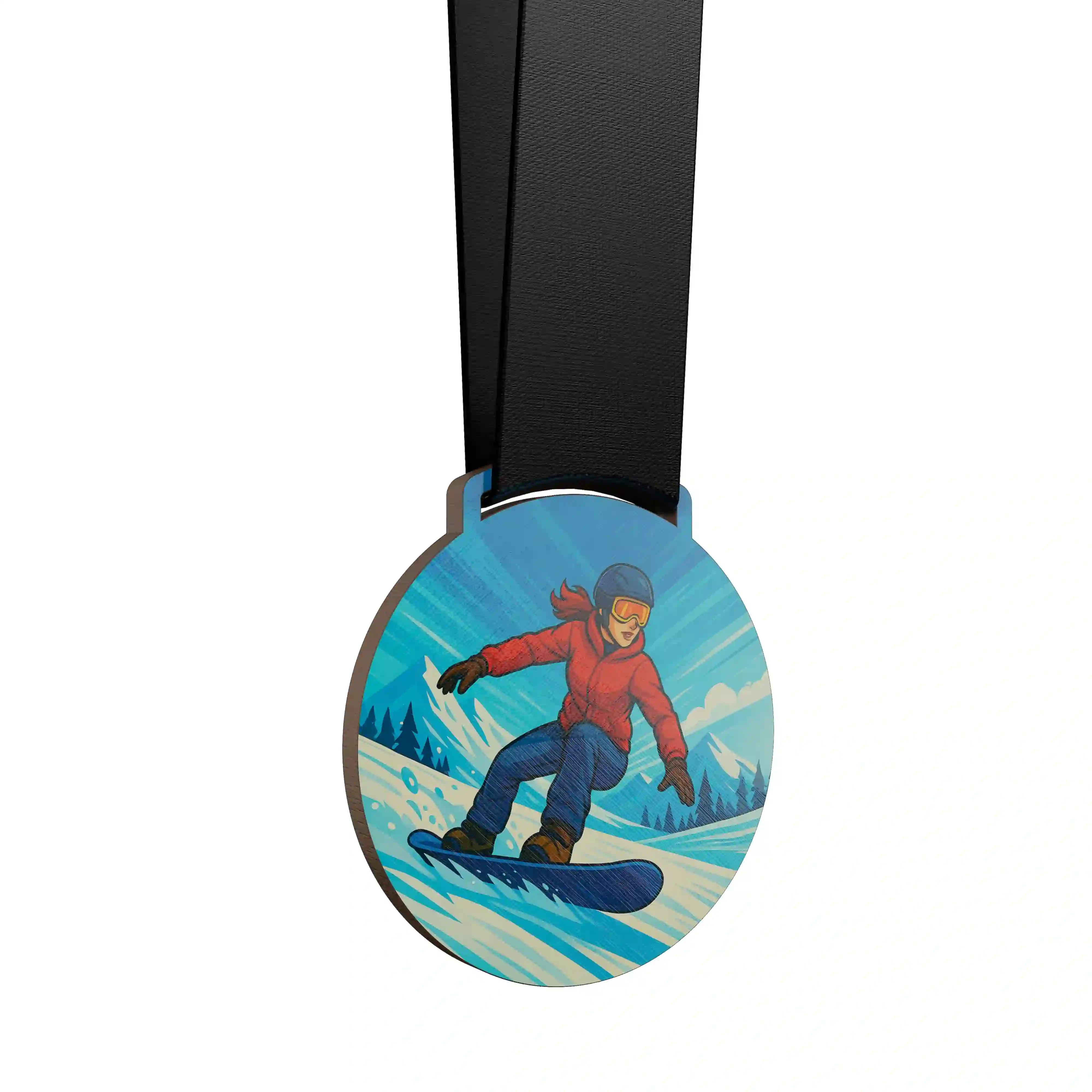médaille en bois d'une femme faisant du snowboard cross