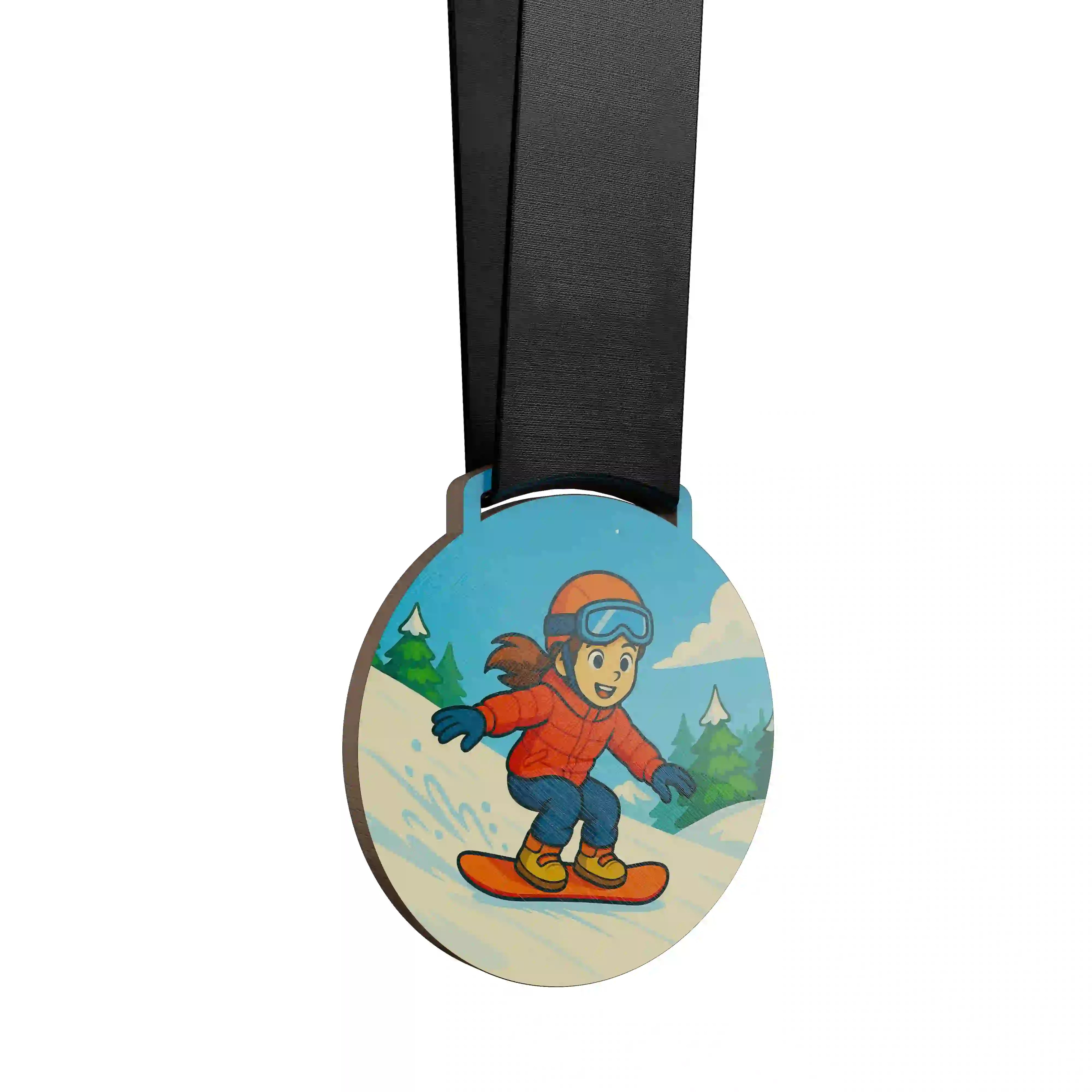 médaille en bois d'une fille faisant du snowboard cross