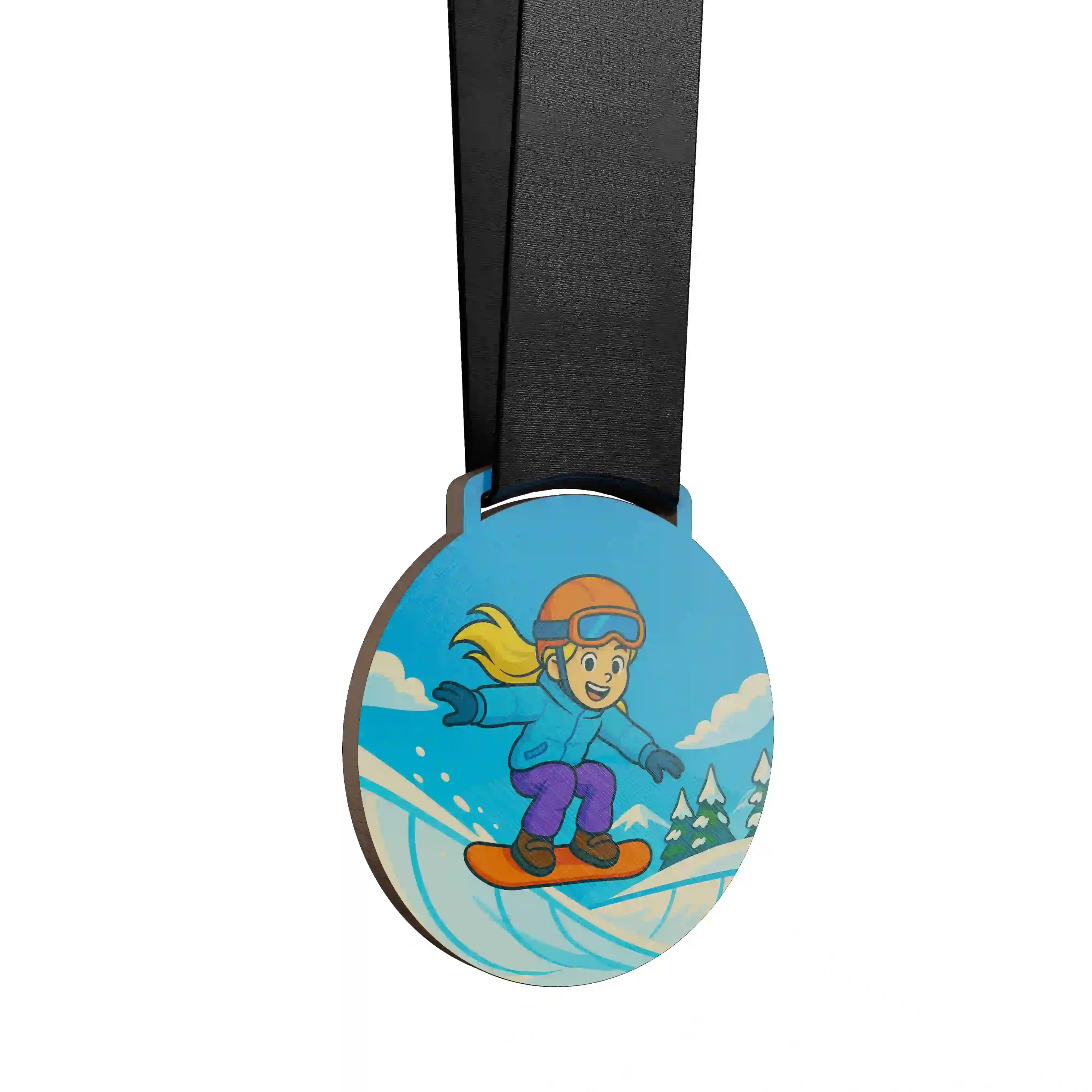 médaille en bois d'une jeune fille faisant du snowboard halfpipe