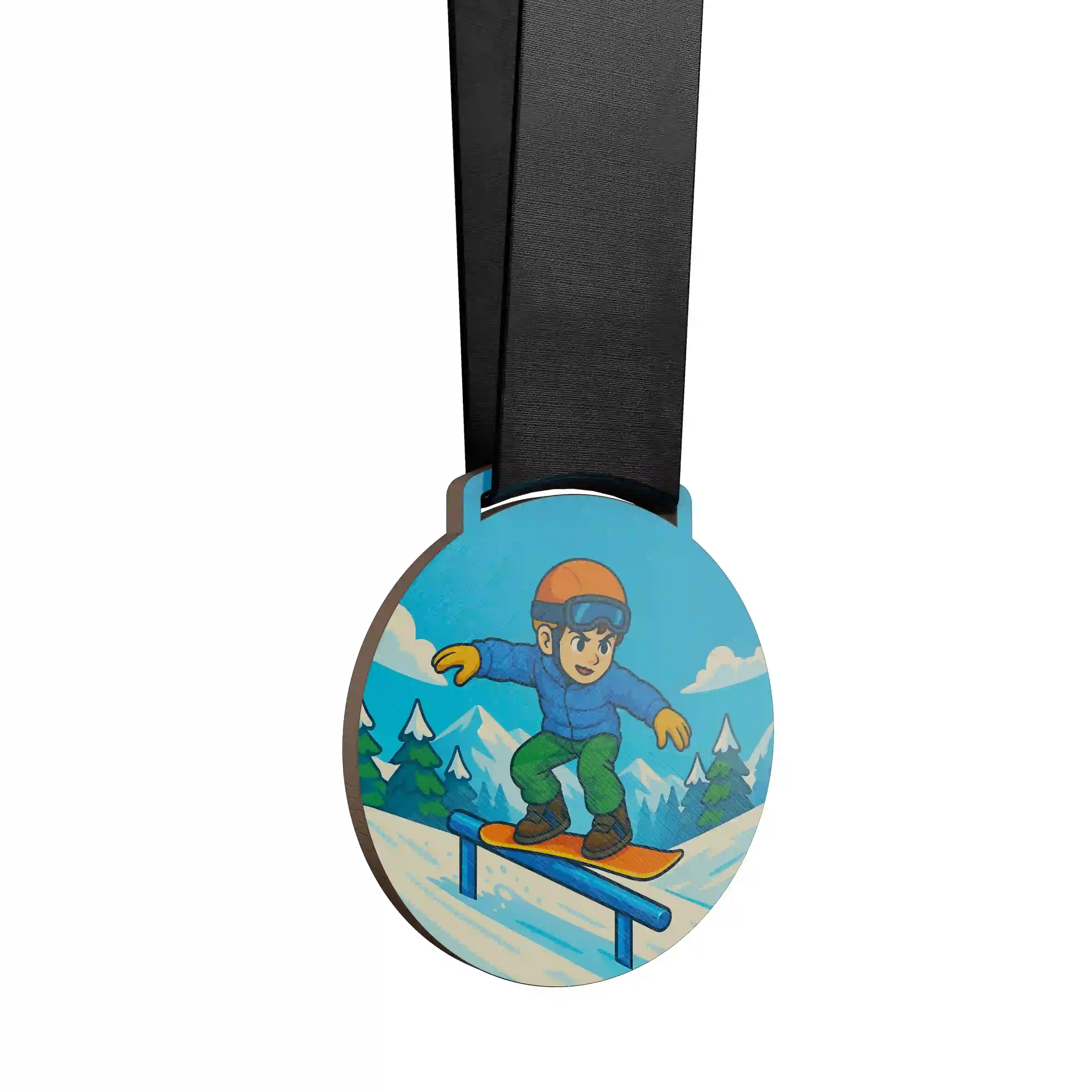 médaille en bois d'un jeune faisant du snowboard slopestyle