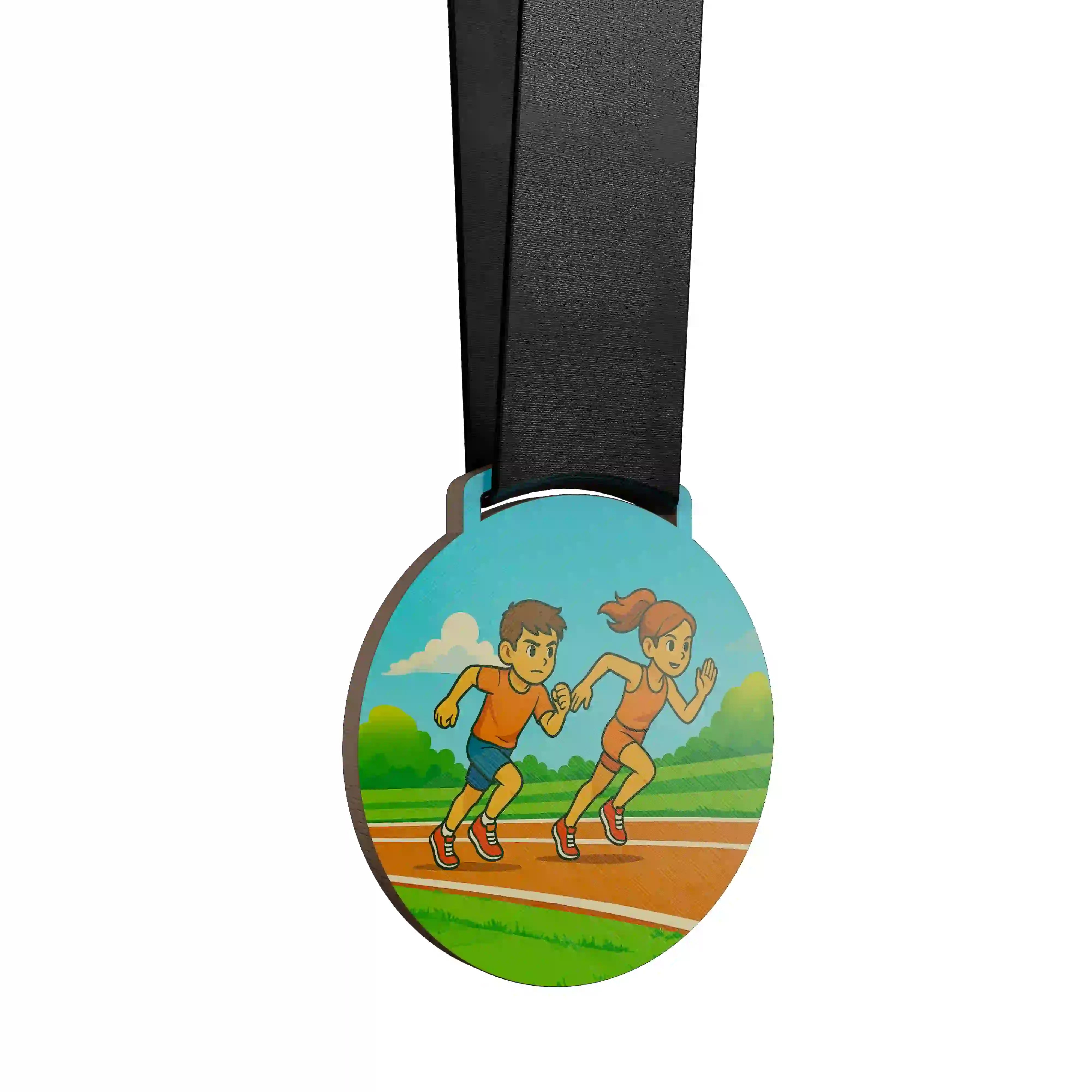 médaille en bois de deux enfants qui sprint