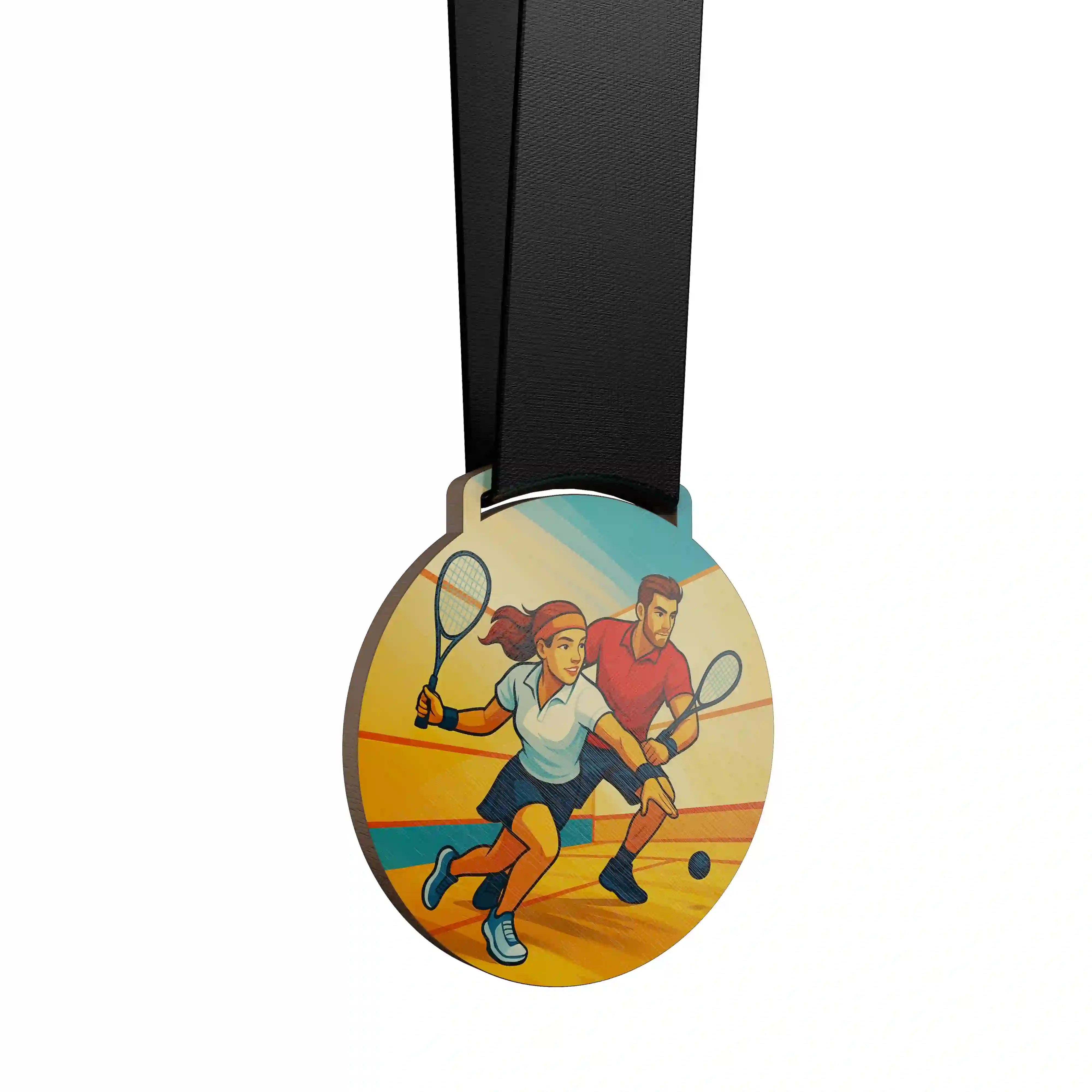 médaille en bois d'un homme et d'une femme faisant du squash
