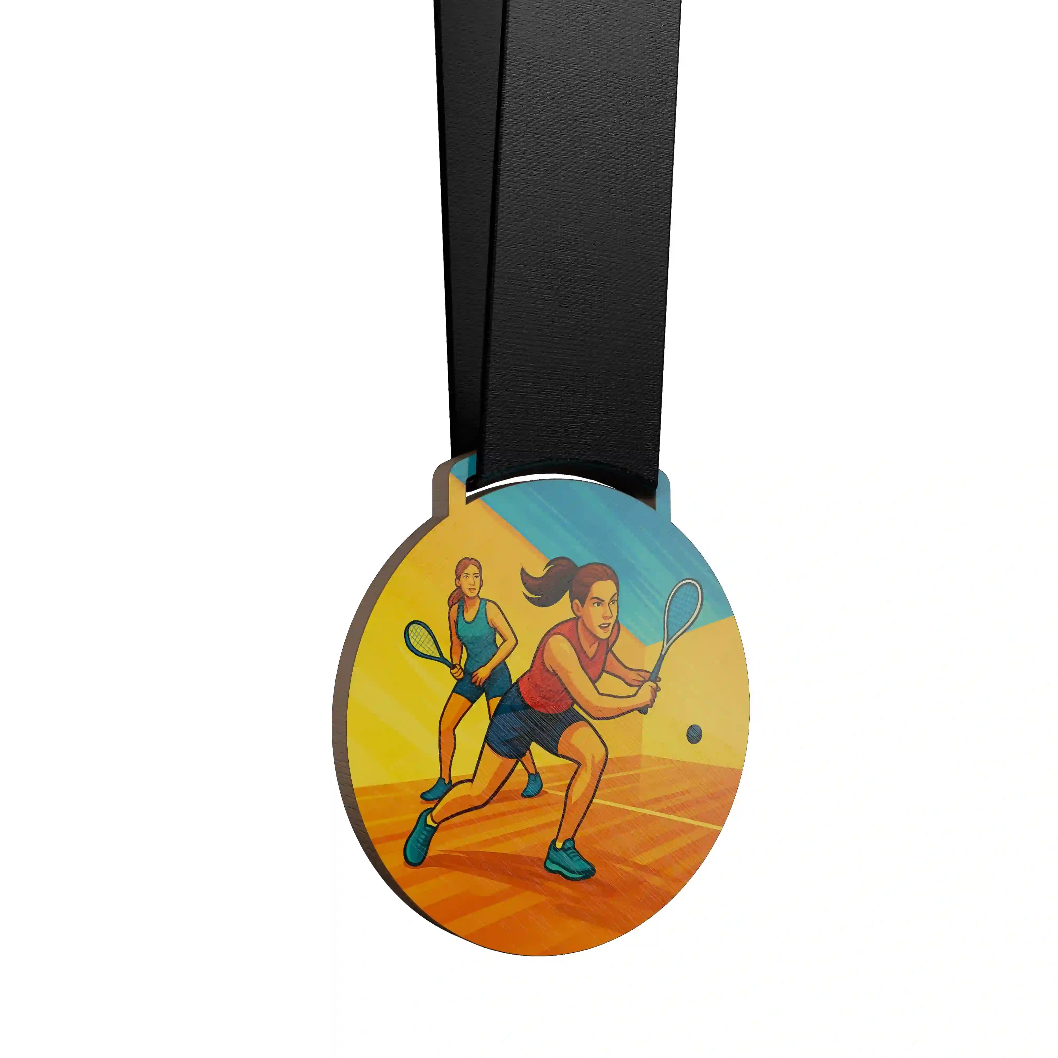 médaille en bois d'un duo féminin qui fait du squash