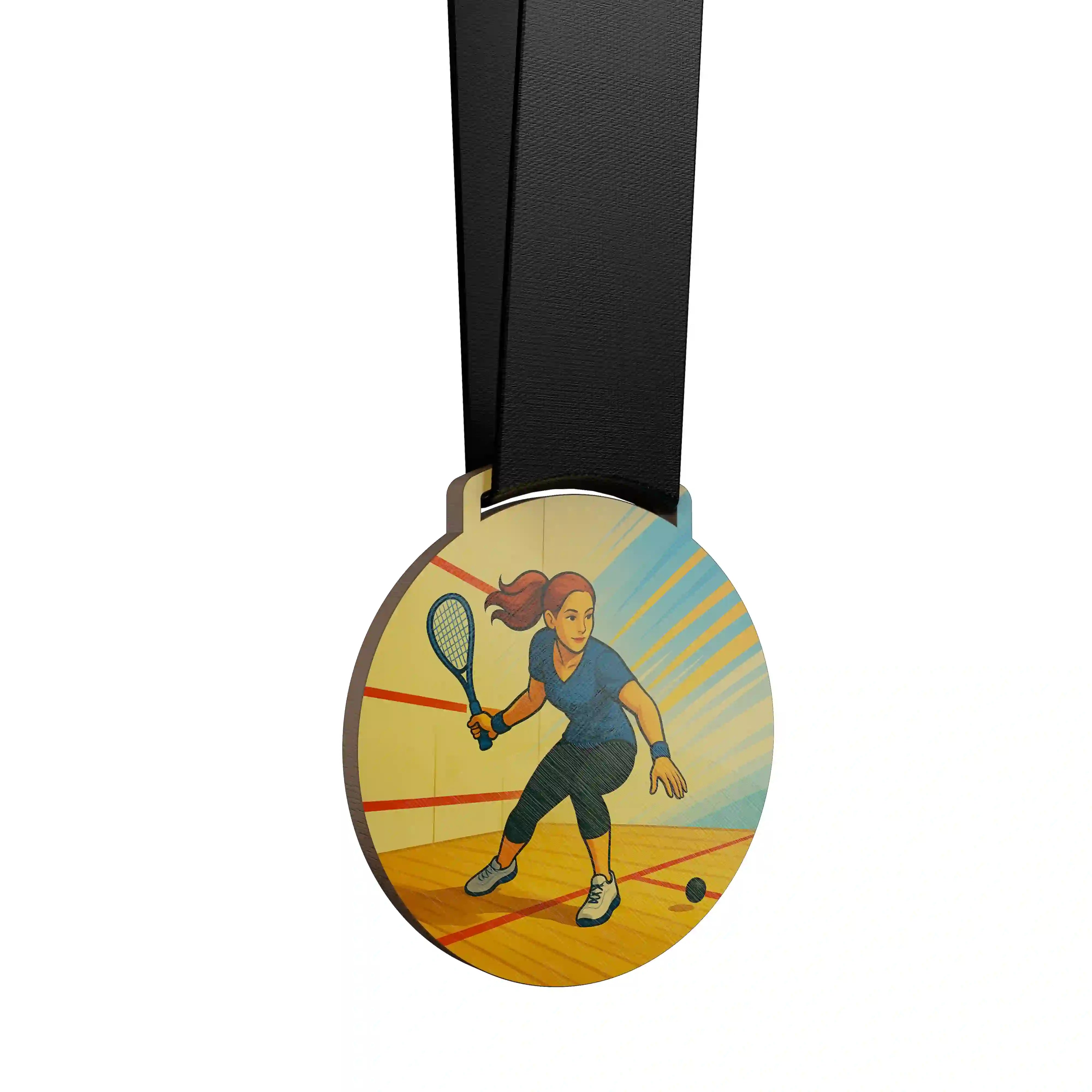 médaille en bois d'une jeune femme qui fait du squash