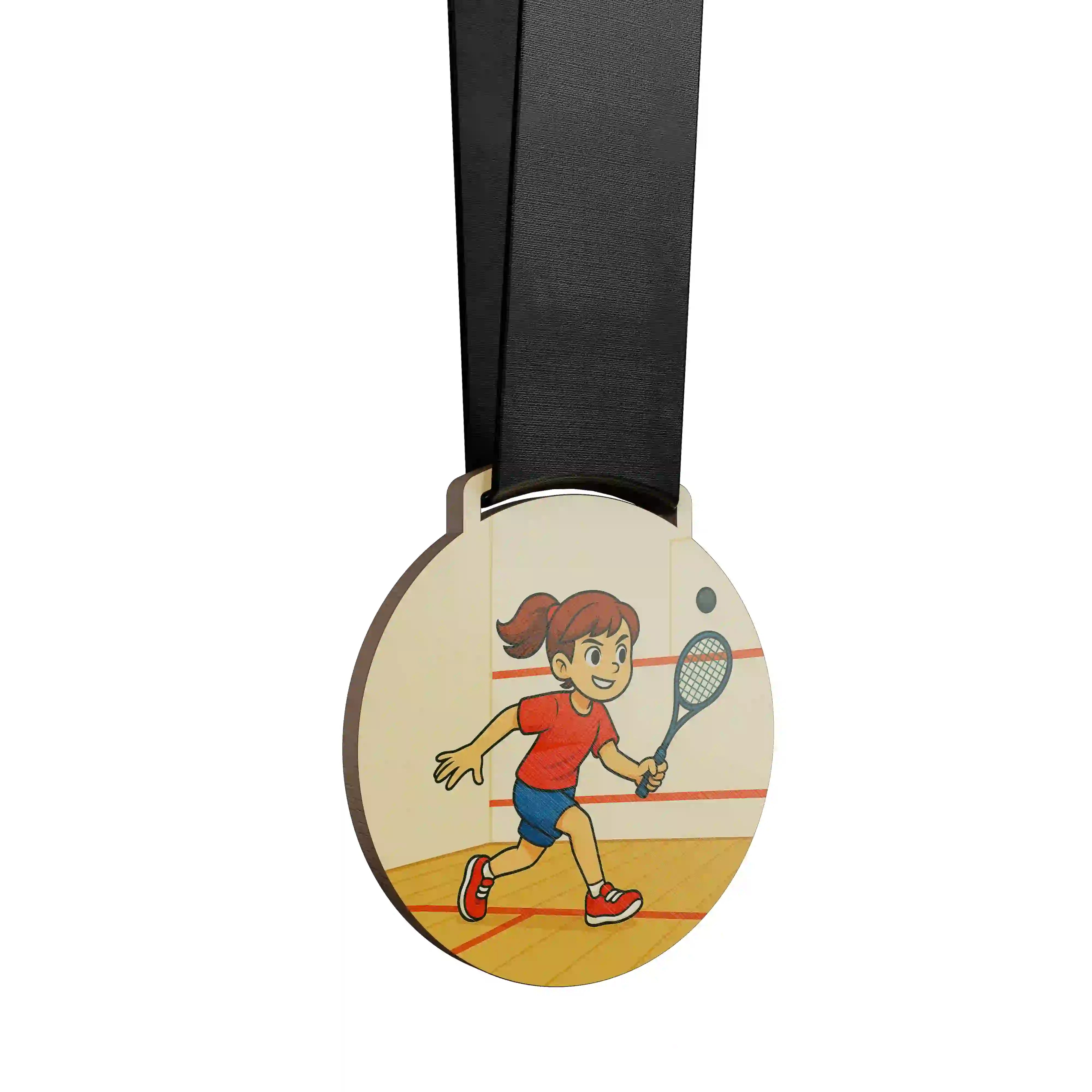 médaille en bois d'une fille faisant du squash