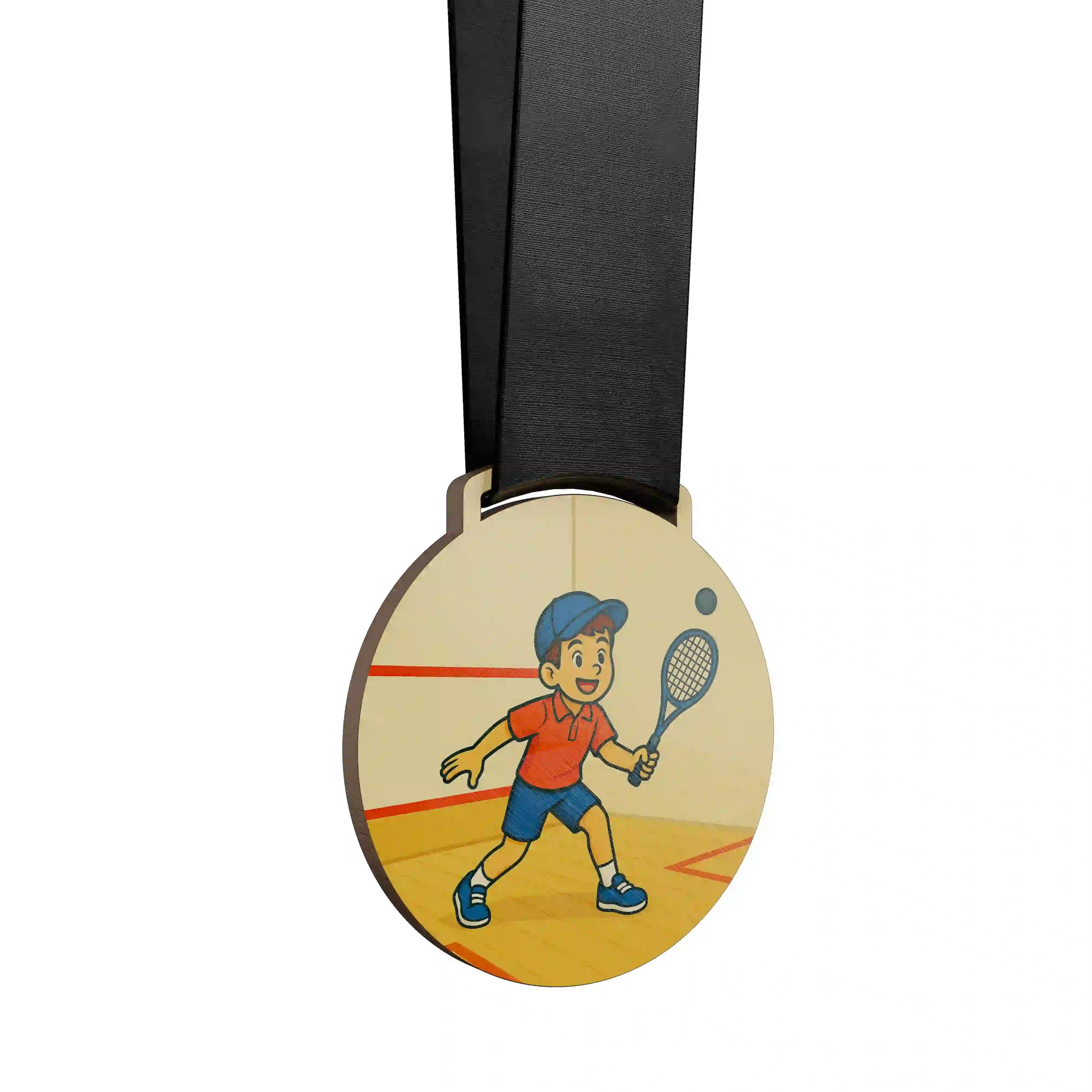 médaille en bois d'un jeune garçon faisant du squash