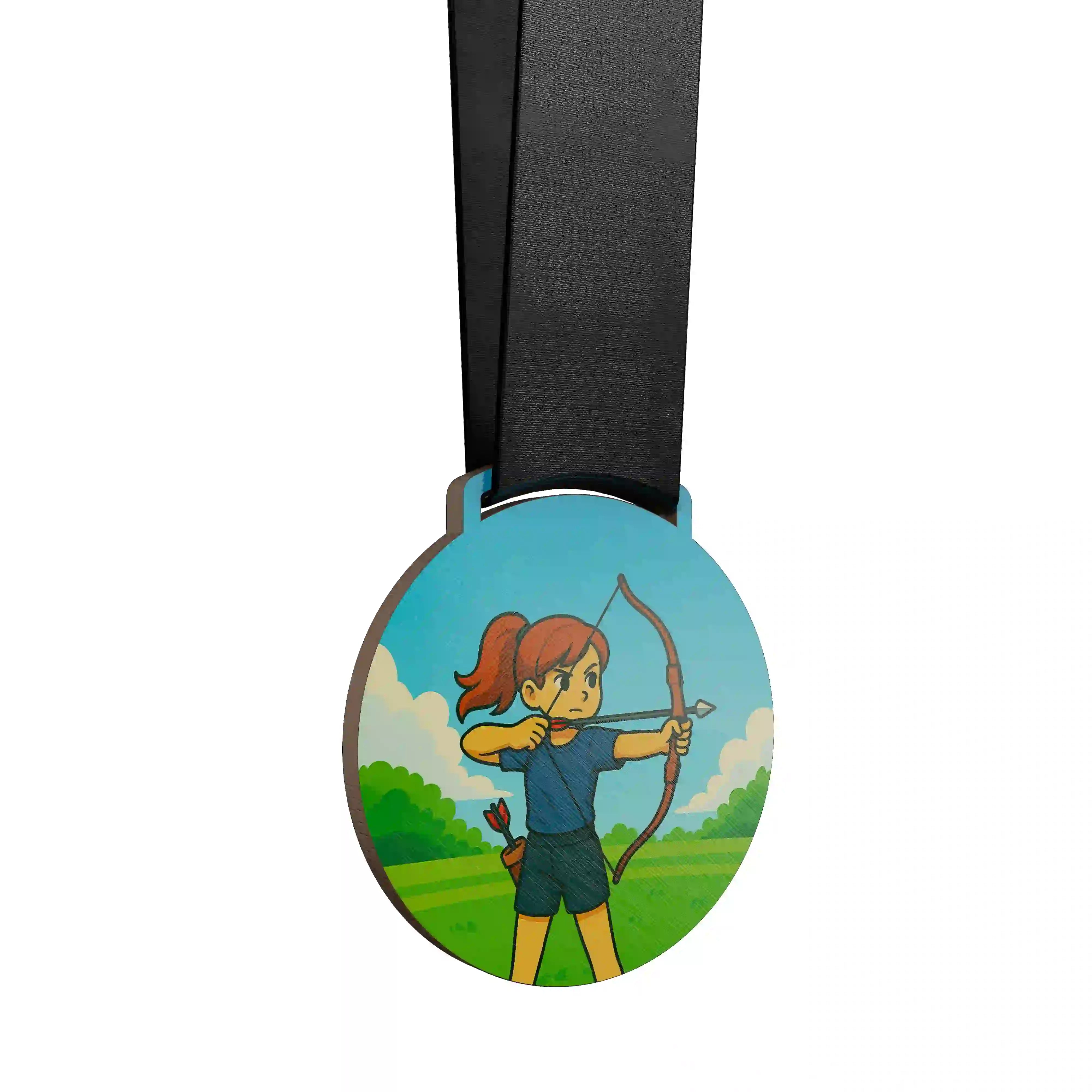 médaille en bois d'une jeune fille faisant du tir à l'arc