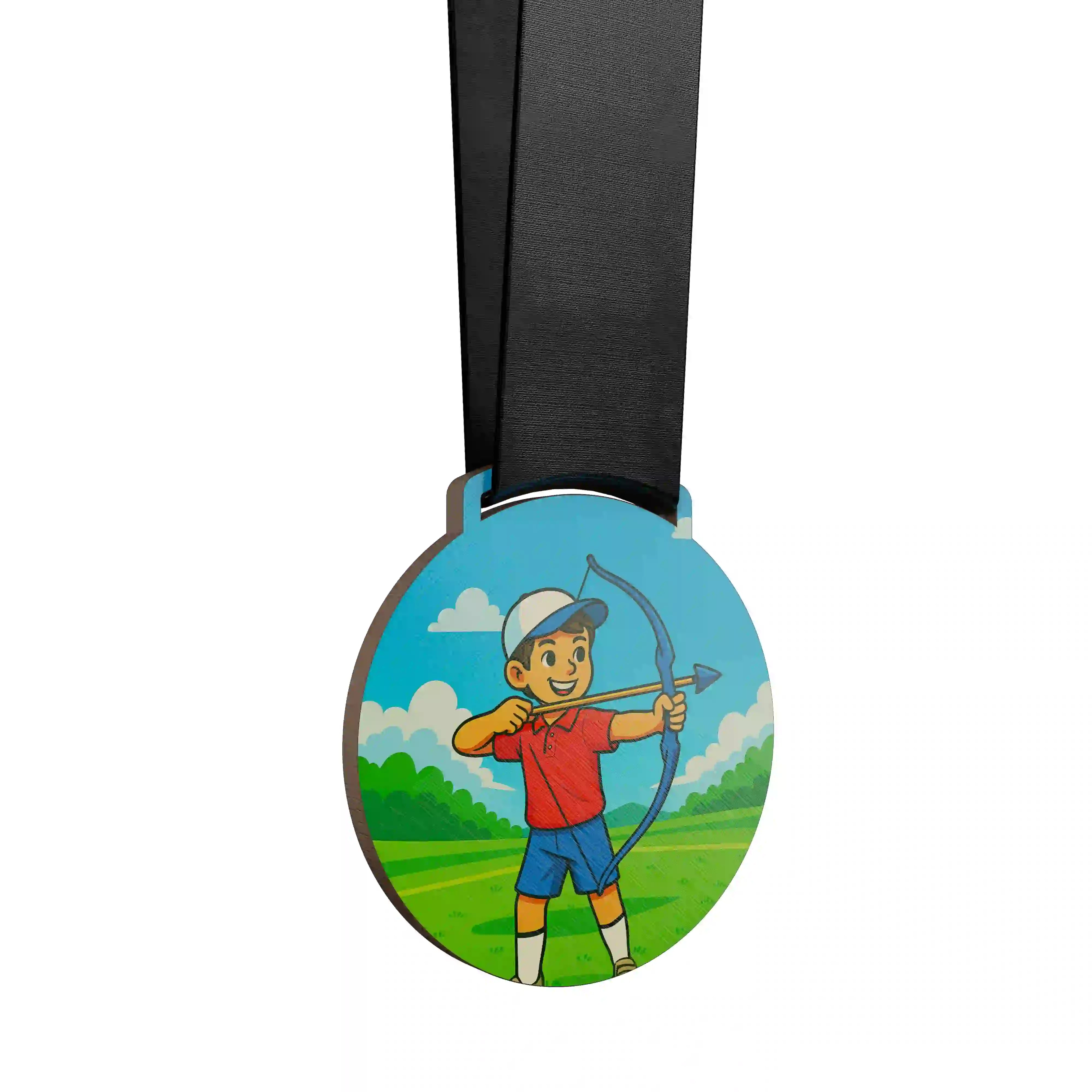 médaille en bois d'un jeune garçon faisant du tir à l'arc